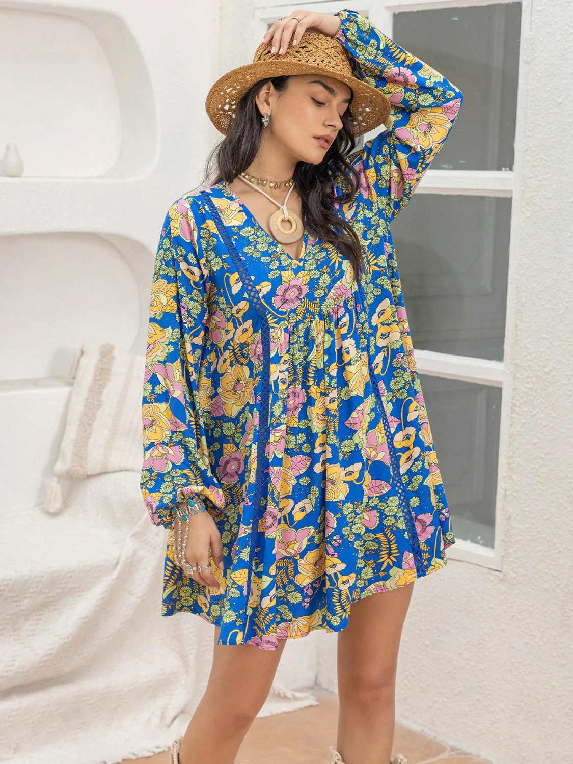 Printed V-Neck Balloon Sleeve Mini Dress - Image 4
