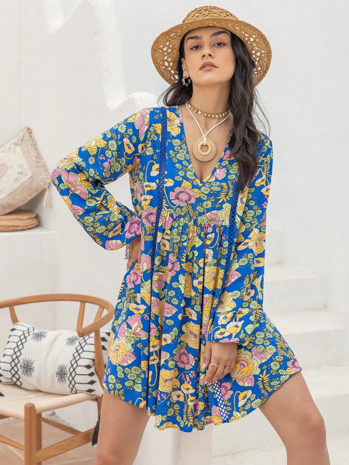 Printed V-Neck Balloon Sleeve Mini Dress - Image 6