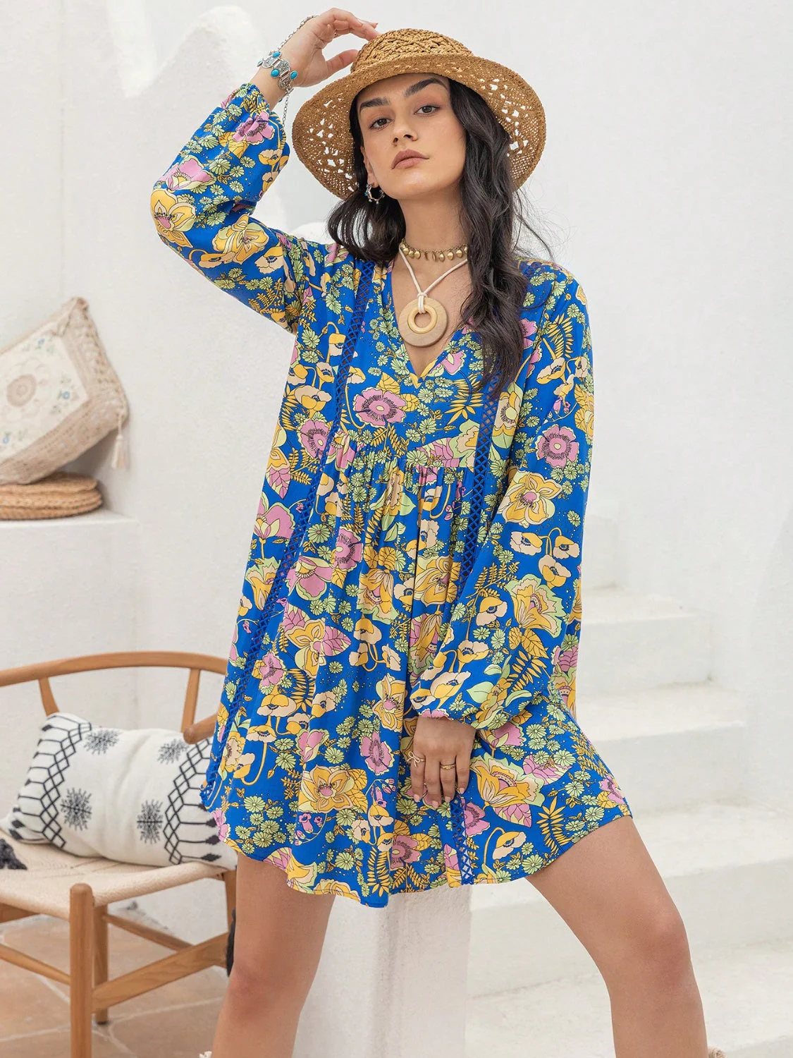 Printed V-Neck Balloon Sleeve Mini Dress - Image 7