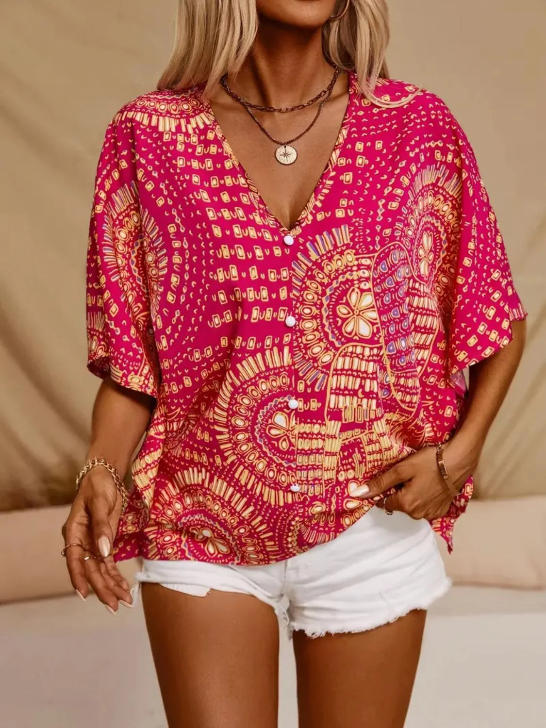Printed V-Neck Half Sleeve Top - Image 5