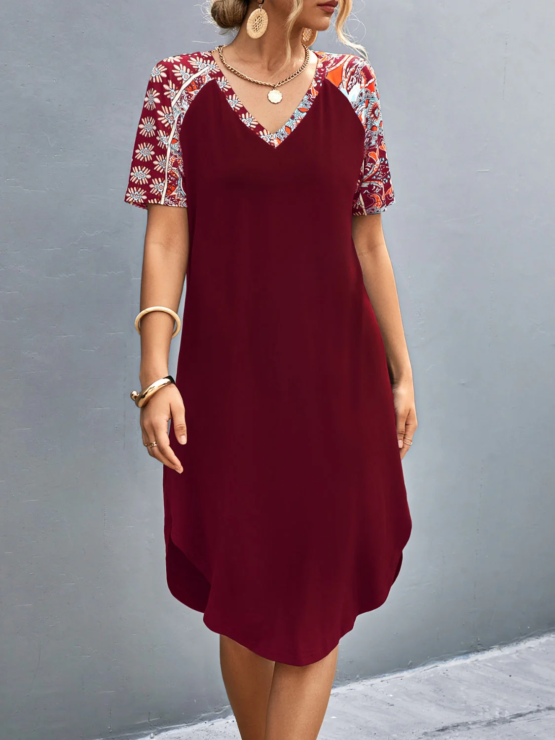 Printed V-Neck Short Sleeve Dress - Image 2