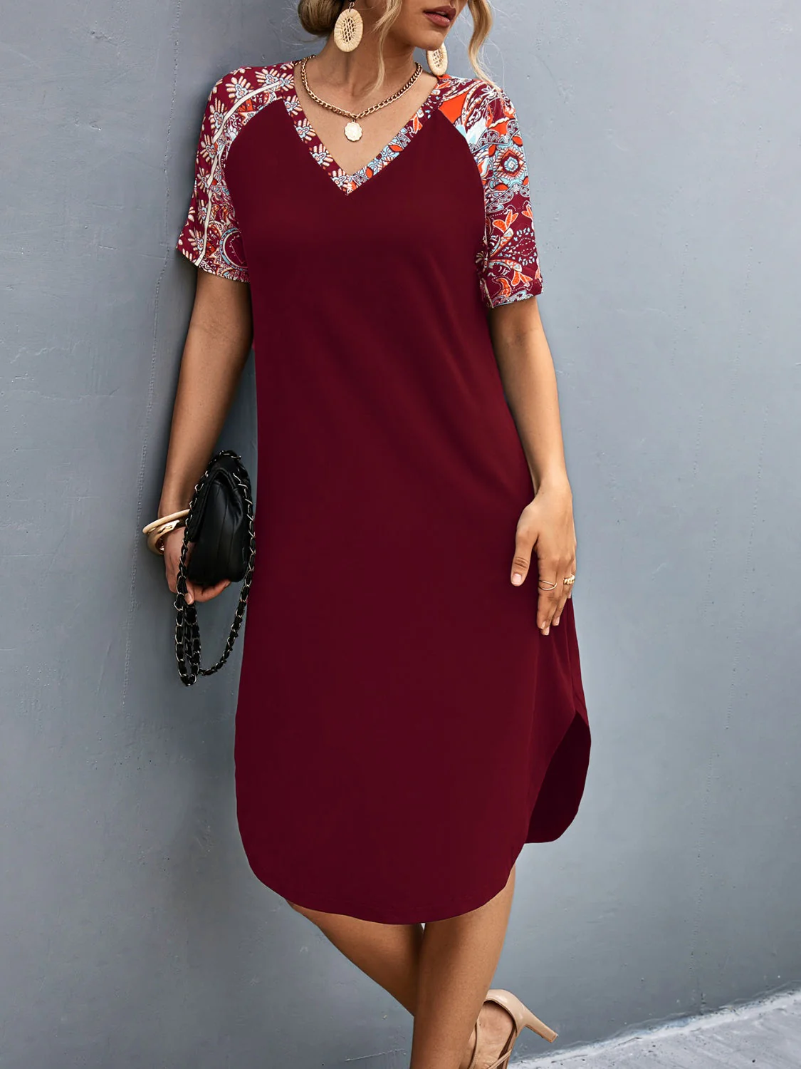 Printed V-Neck Short Sleeve Dress - Image 3
