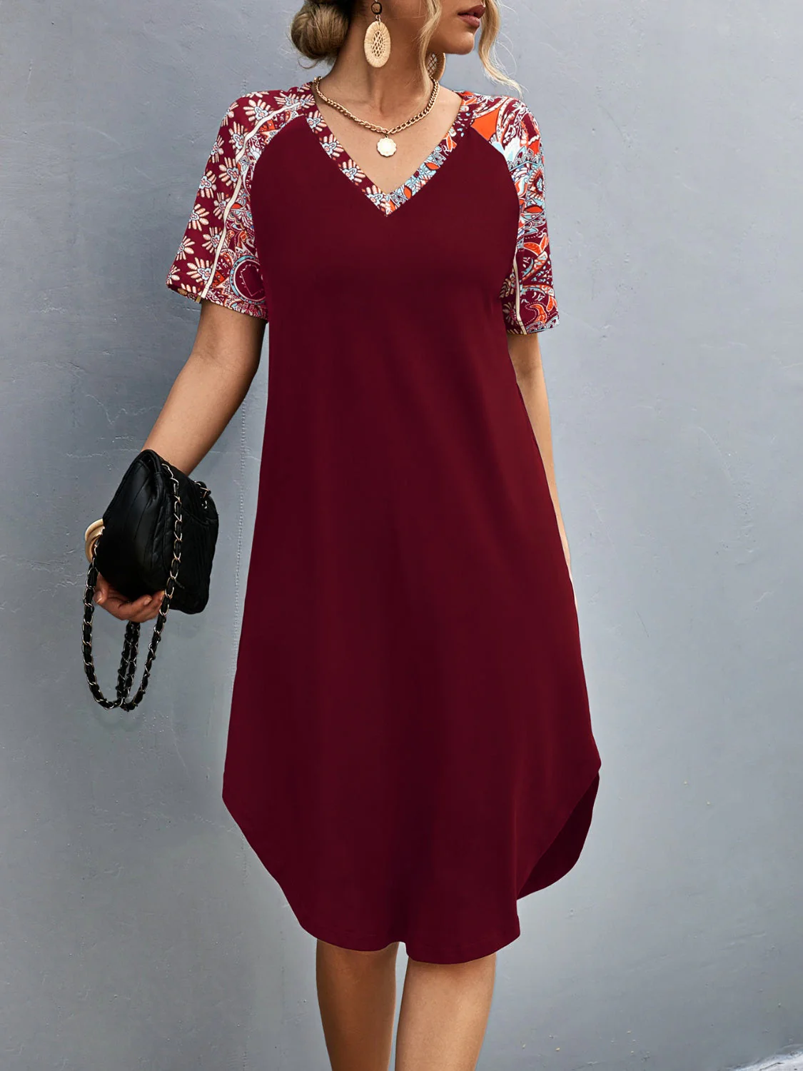 Printed V-Neck Short Sleeve Dress - Image 4