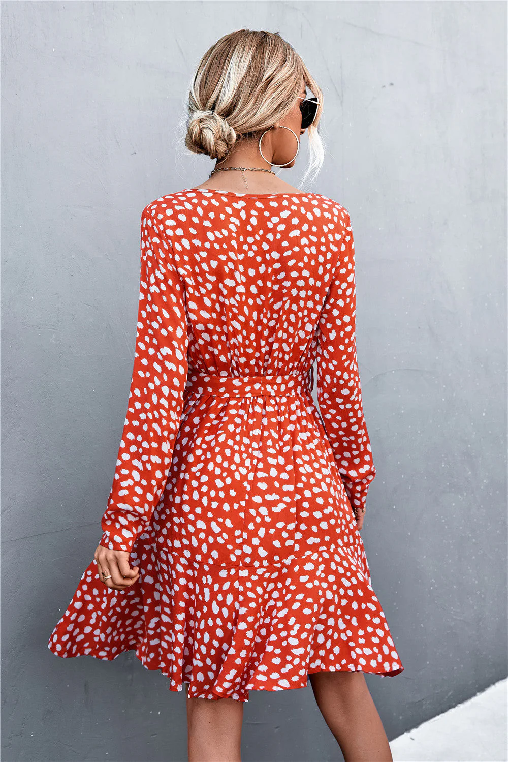 Printed V-Neck Tie Belt Ruffle Hem Mini Dress - Image 2