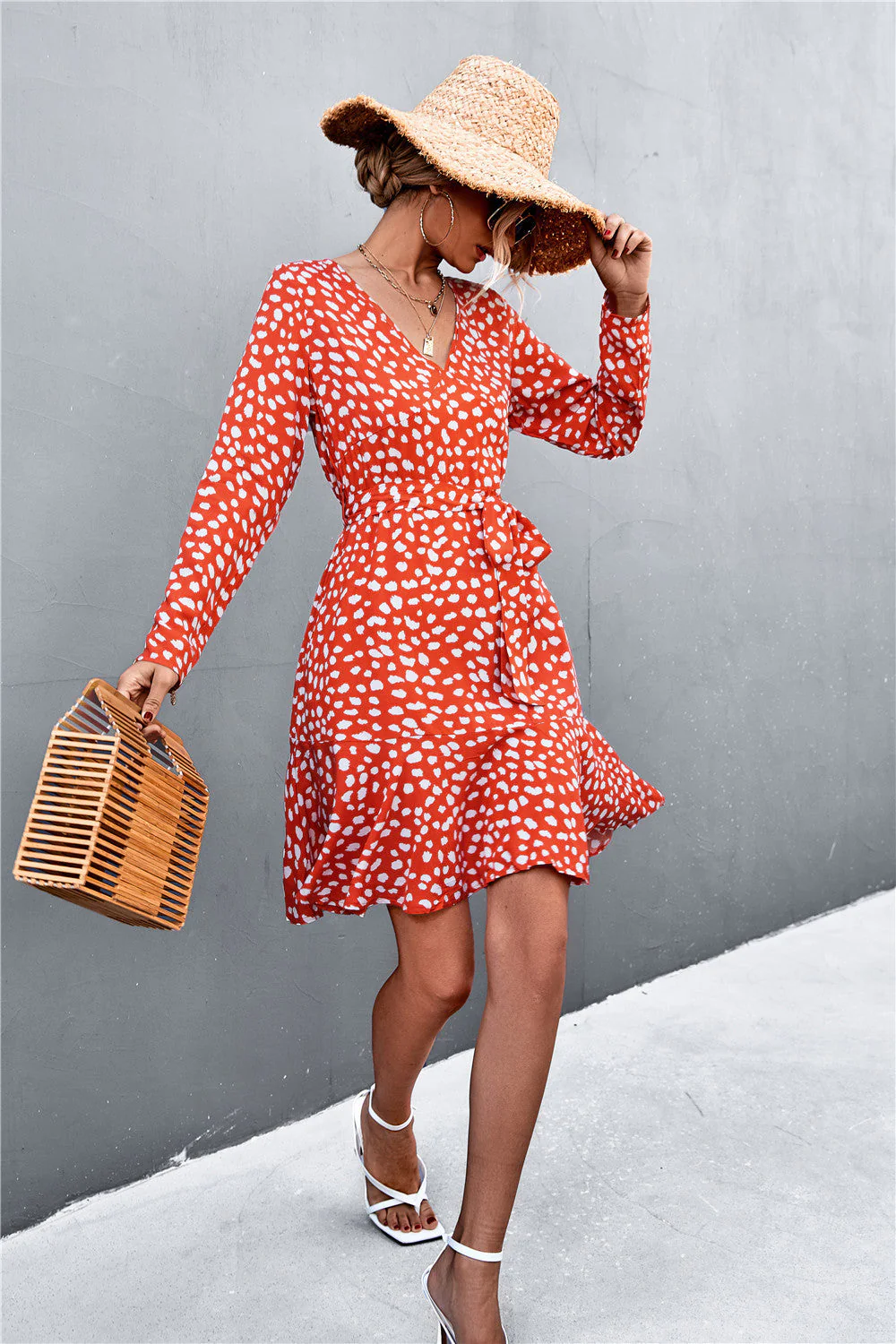 Printed V-Neck Tie Belt Ruffle Hem Mini Dress - Image 3