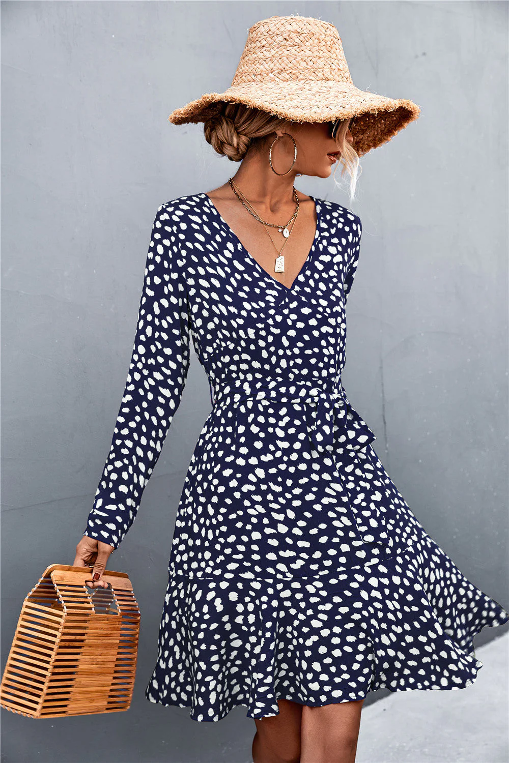 Printed V-Neck Tie Belt Ruffle Hem Mini Dress - Image 7