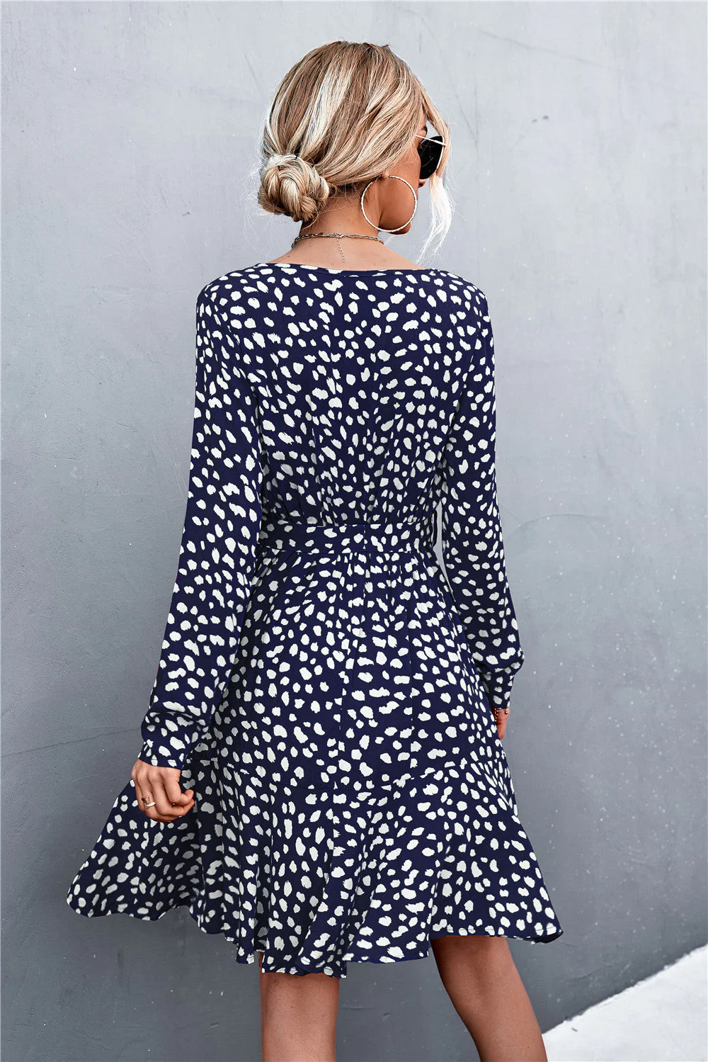 Printed V-Neck Tie Belt Ruffle Hem Mini Dress - Image 9