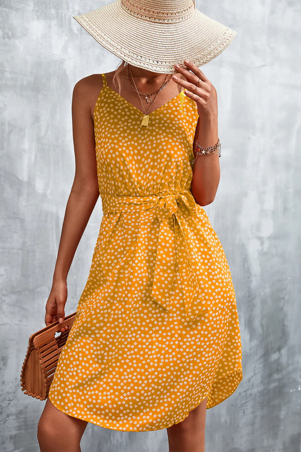 Printed V-Neck Tie Waist Mini Dress - Image 13