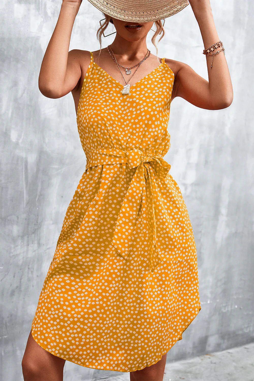 Printed V-Neck Tie Waist Mini Dress - Image 14