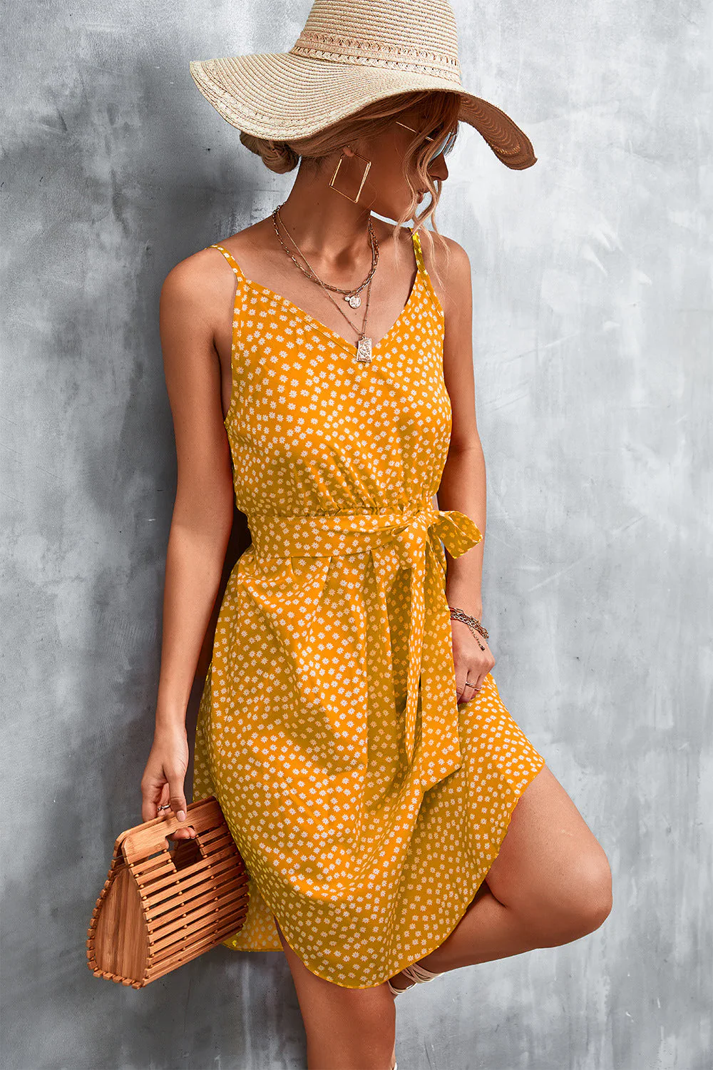 Printed V-Neck Tie Waist Mini Dress - Image 15