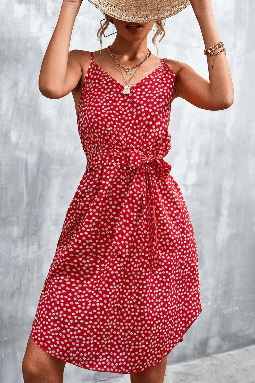 Printed V-Neck Tie Waist Mini Dress - Image 2