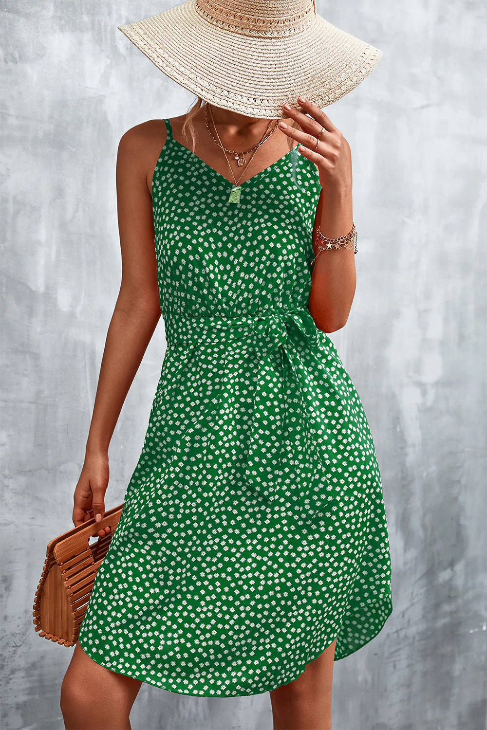 Printed V-Neck Tie Waist Mini Dress - Image 8