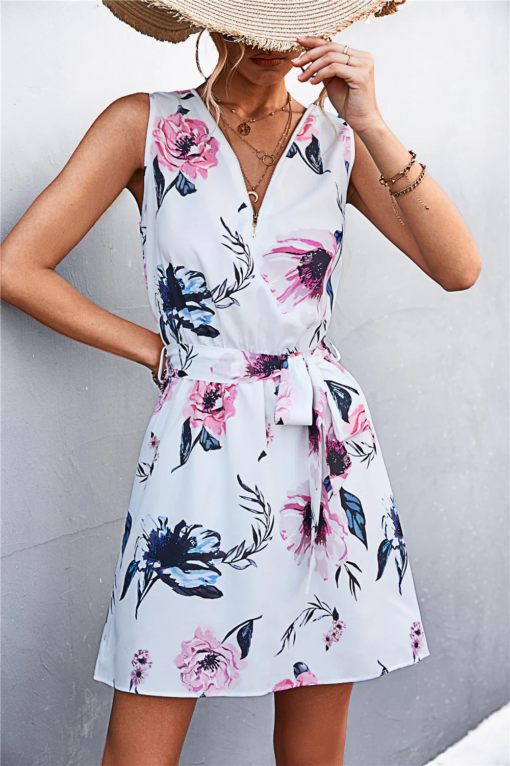 Printed Zip Detail Belted Sleeveless Dress - Image 11
