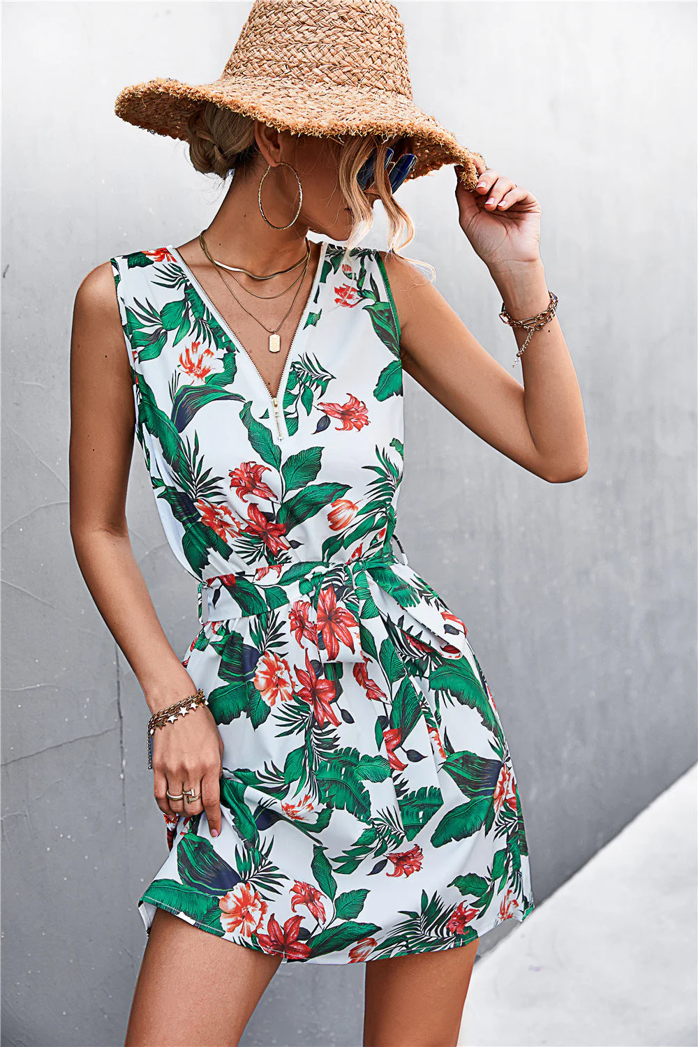 Printed Zip Detail Belted Sleeveless Dress - Image 16
