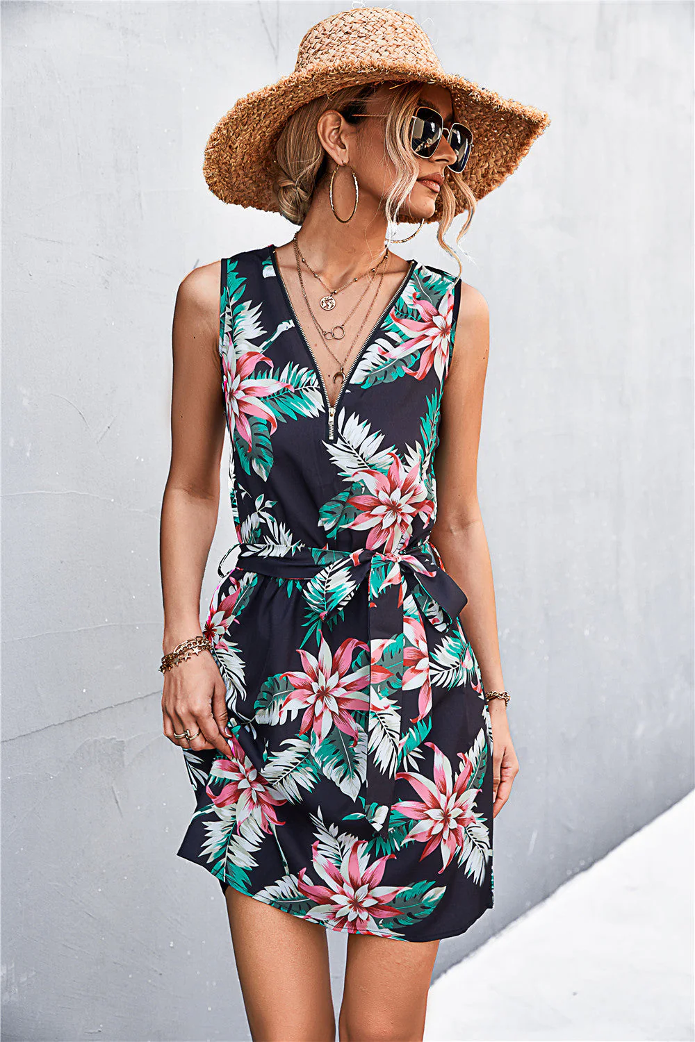 Printed Zip Detail Belted Sleeveless Dress - Image 23