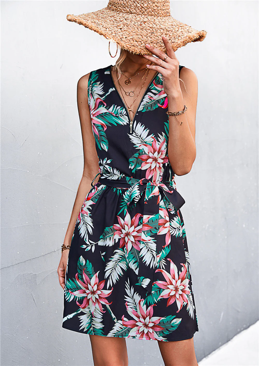 Printed Zip Detail Belted Sleeveless Dress - Image 24