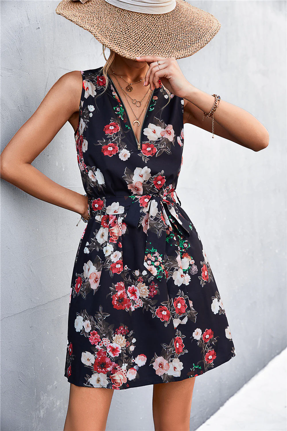 Printed Zip Detail Belted Sleeveless Dress - Image 3