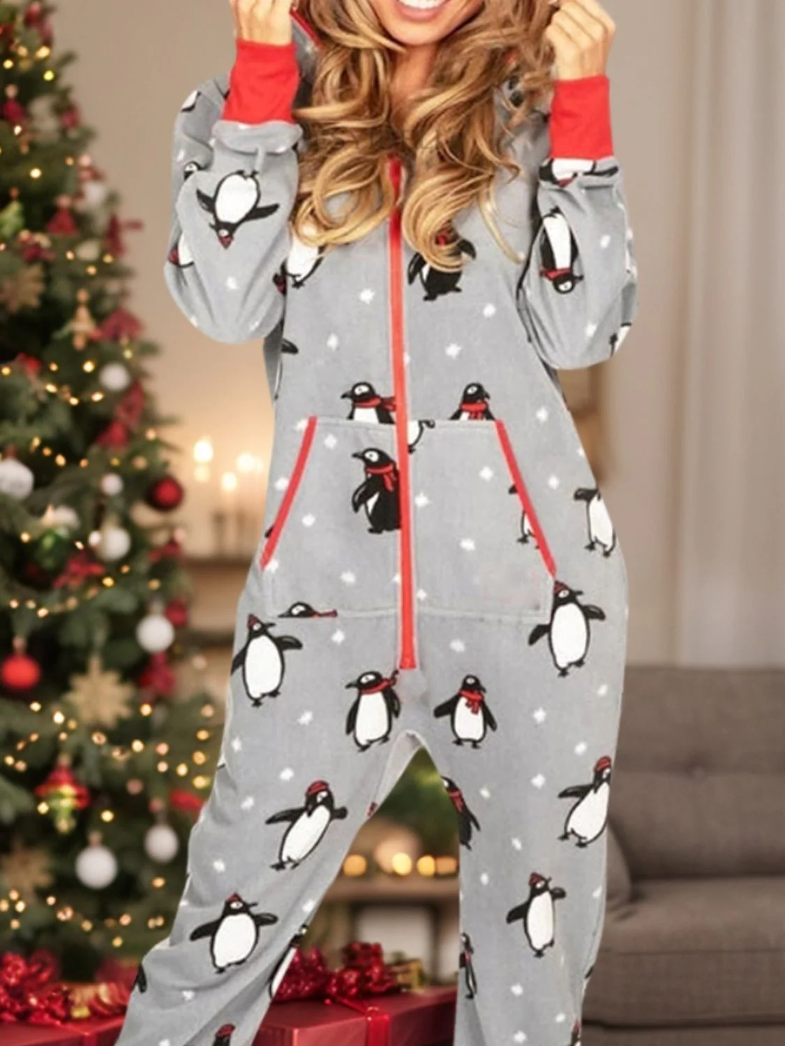 Printed Zip Up Long Sleeve Hooded Jumpsuit - Image 12