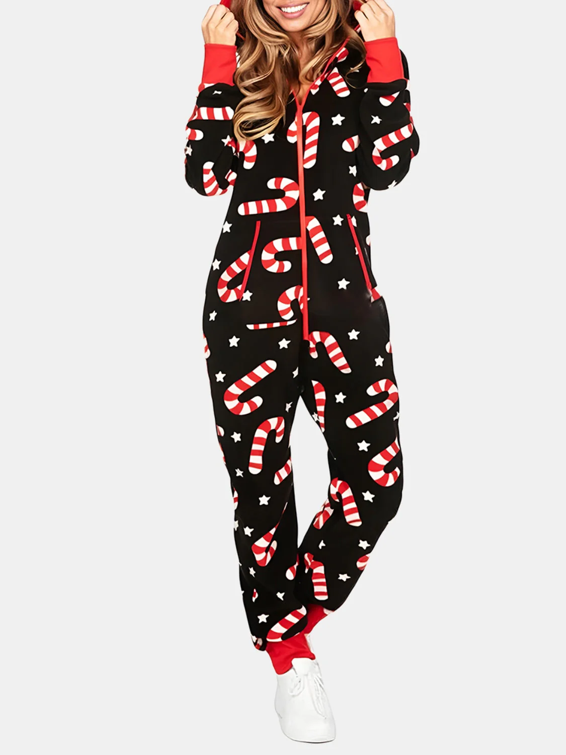 Printed Zip Up Long Sleeve Hooded Jumpsuit - Image 7