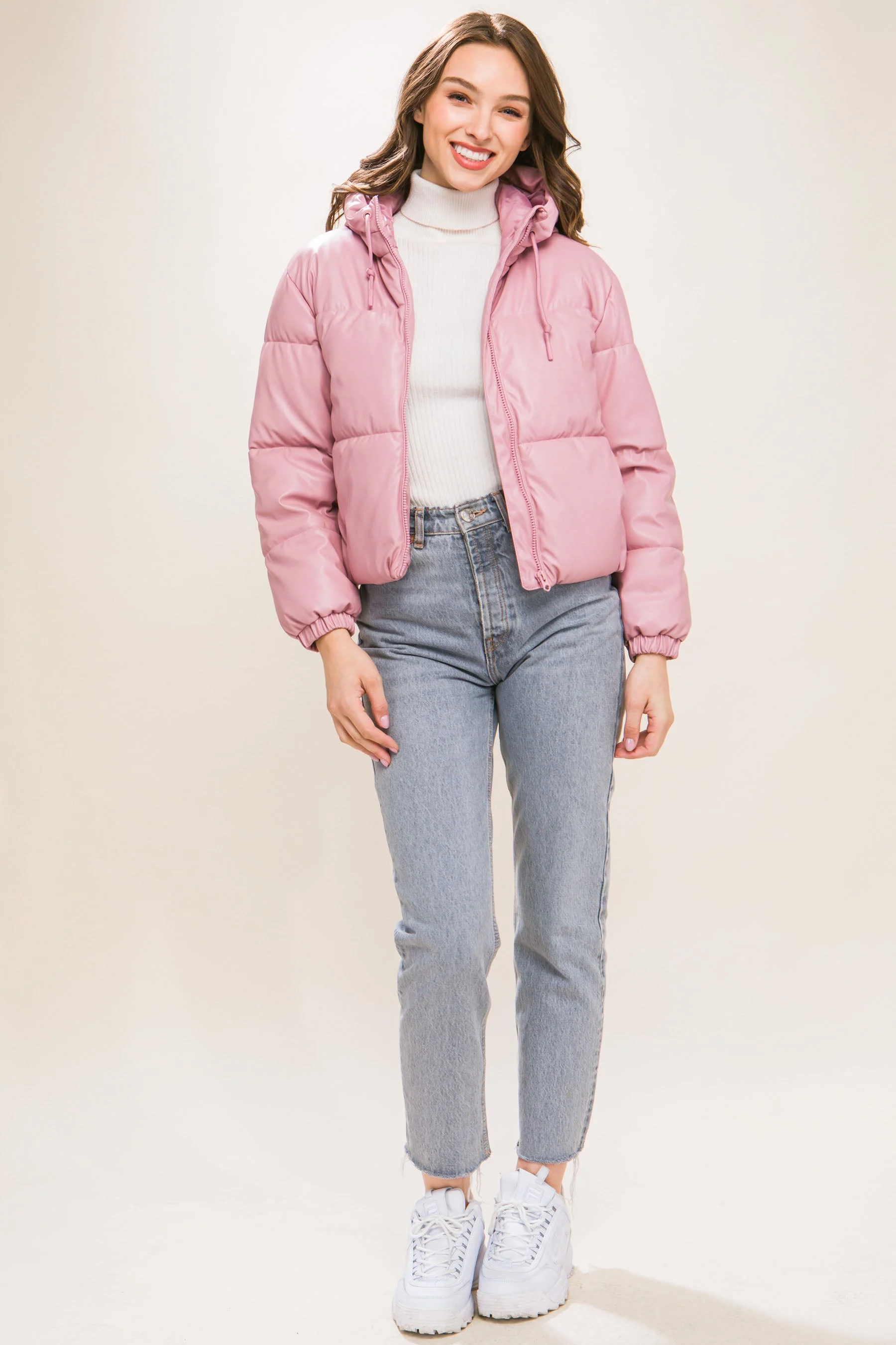Pu Faux Leather Zipper Hooded Puffer Jacket - Image 2