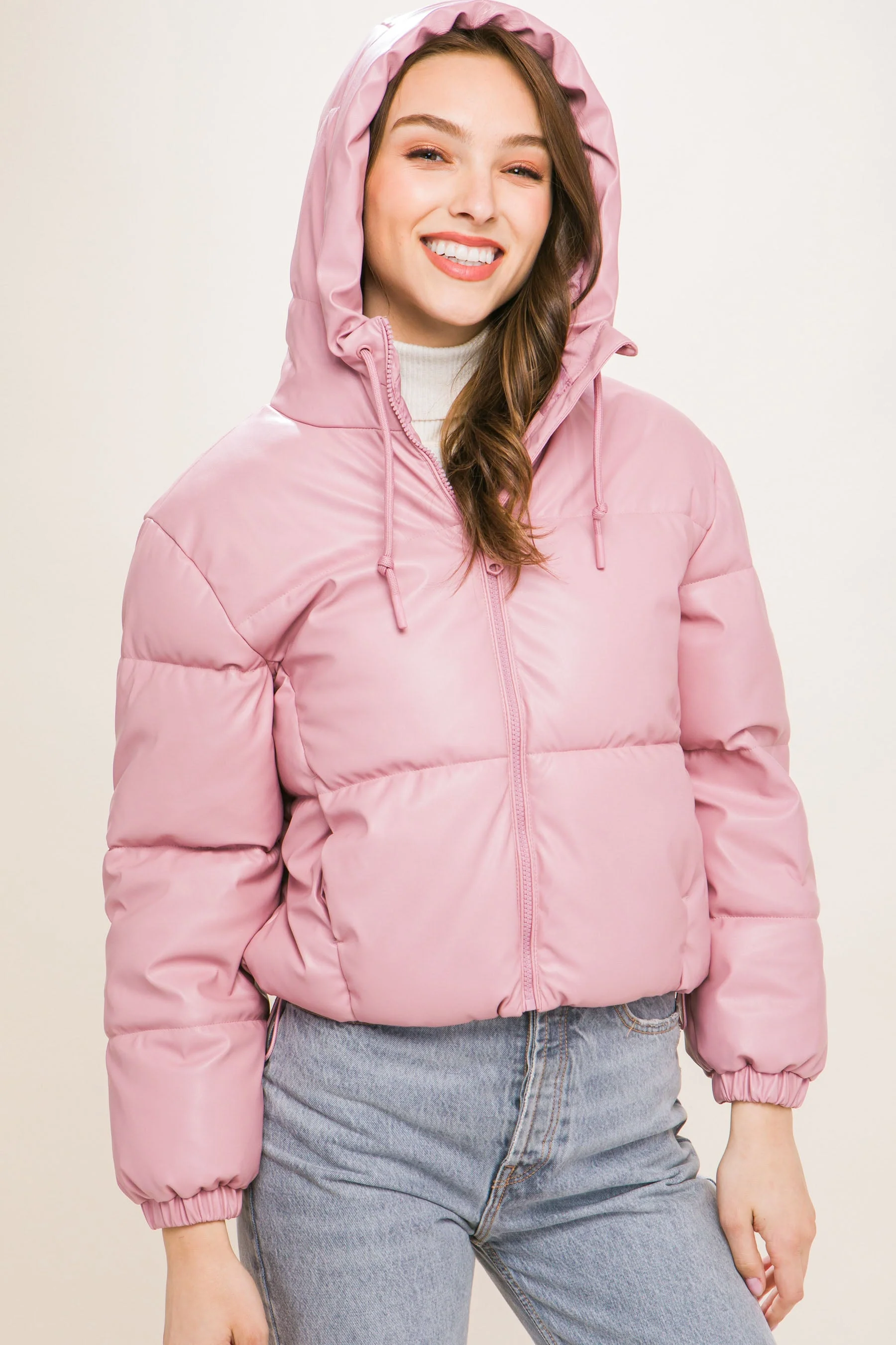 Pu Faux Leather Zipper Hooded Puffer Jacket - Image 3