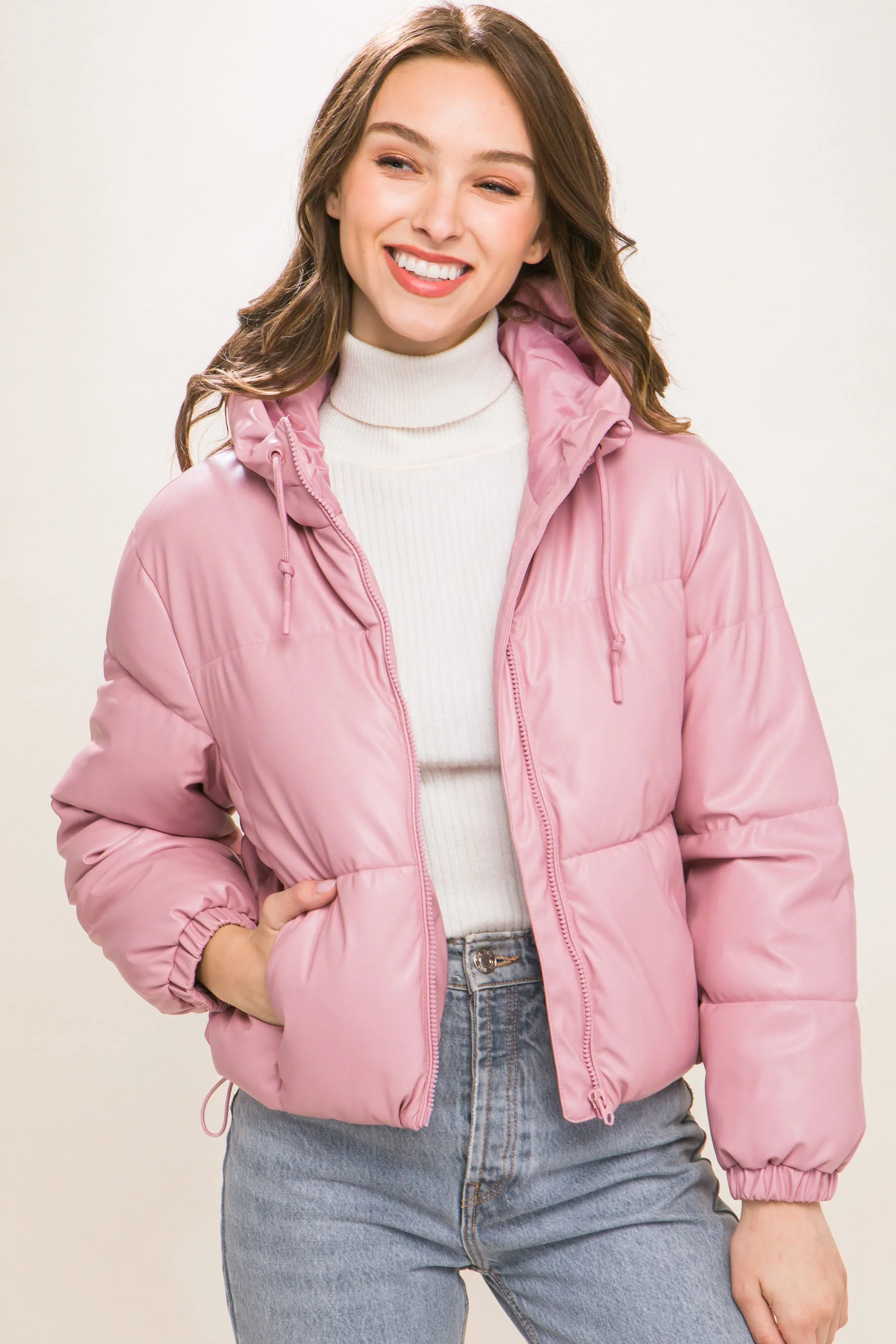 Pu Faux Leather Zipper Hooded Puffer Jacket - Image 4