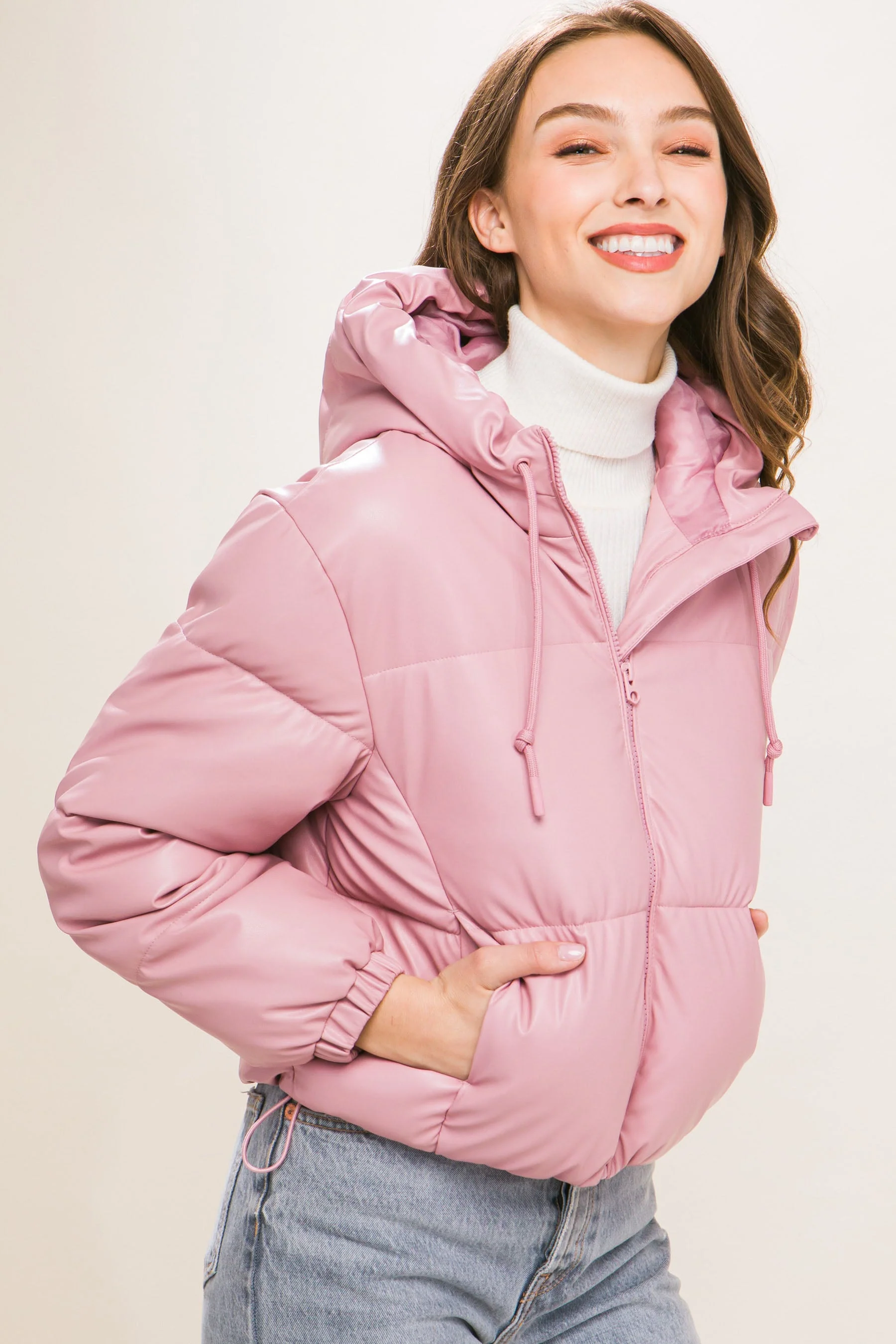 Pu Faux Leather Zipper Hooded Puffer Jacket - Image 5