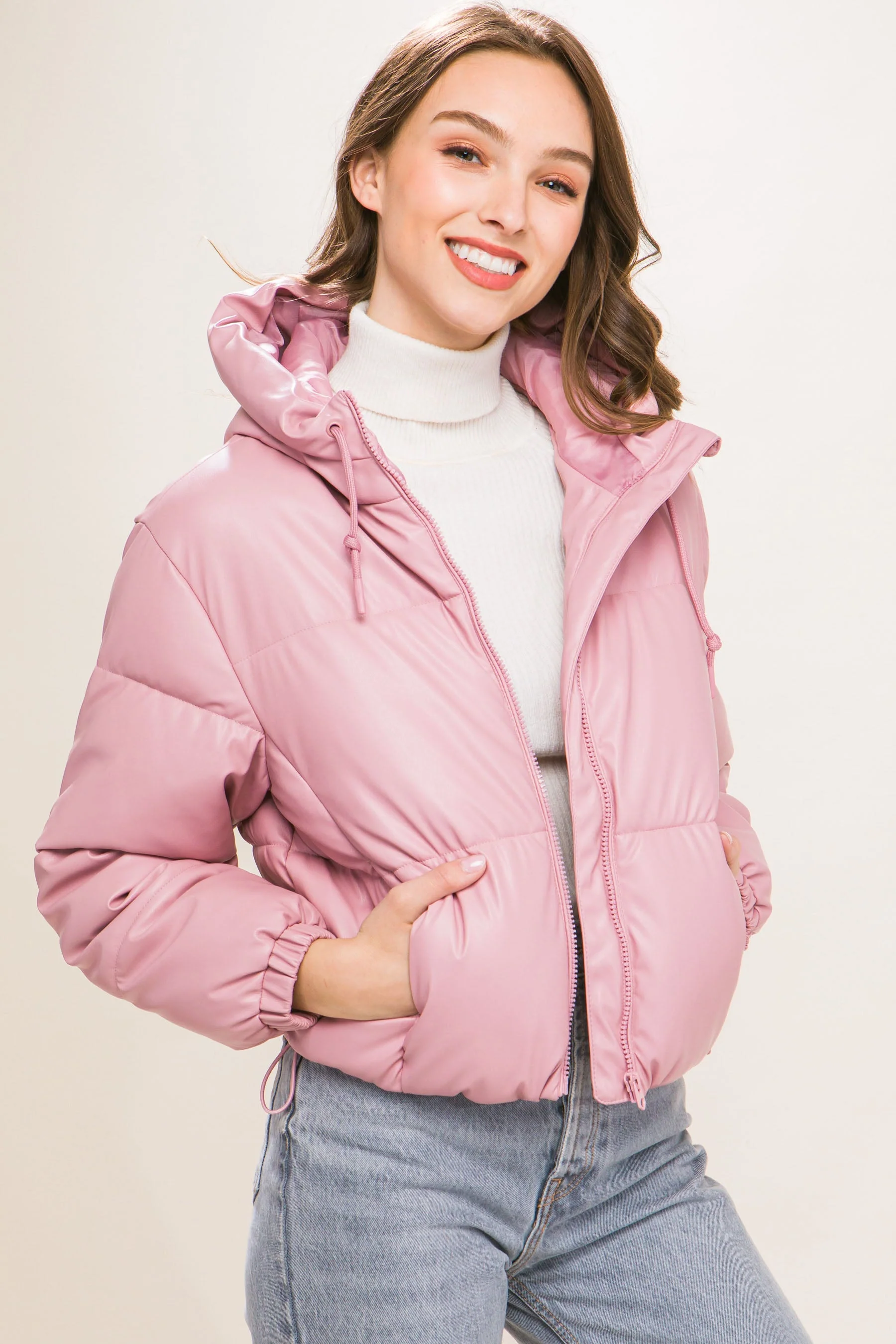 Pu Faux Leather Zipper Hooded Puffer Jacket - Image 6