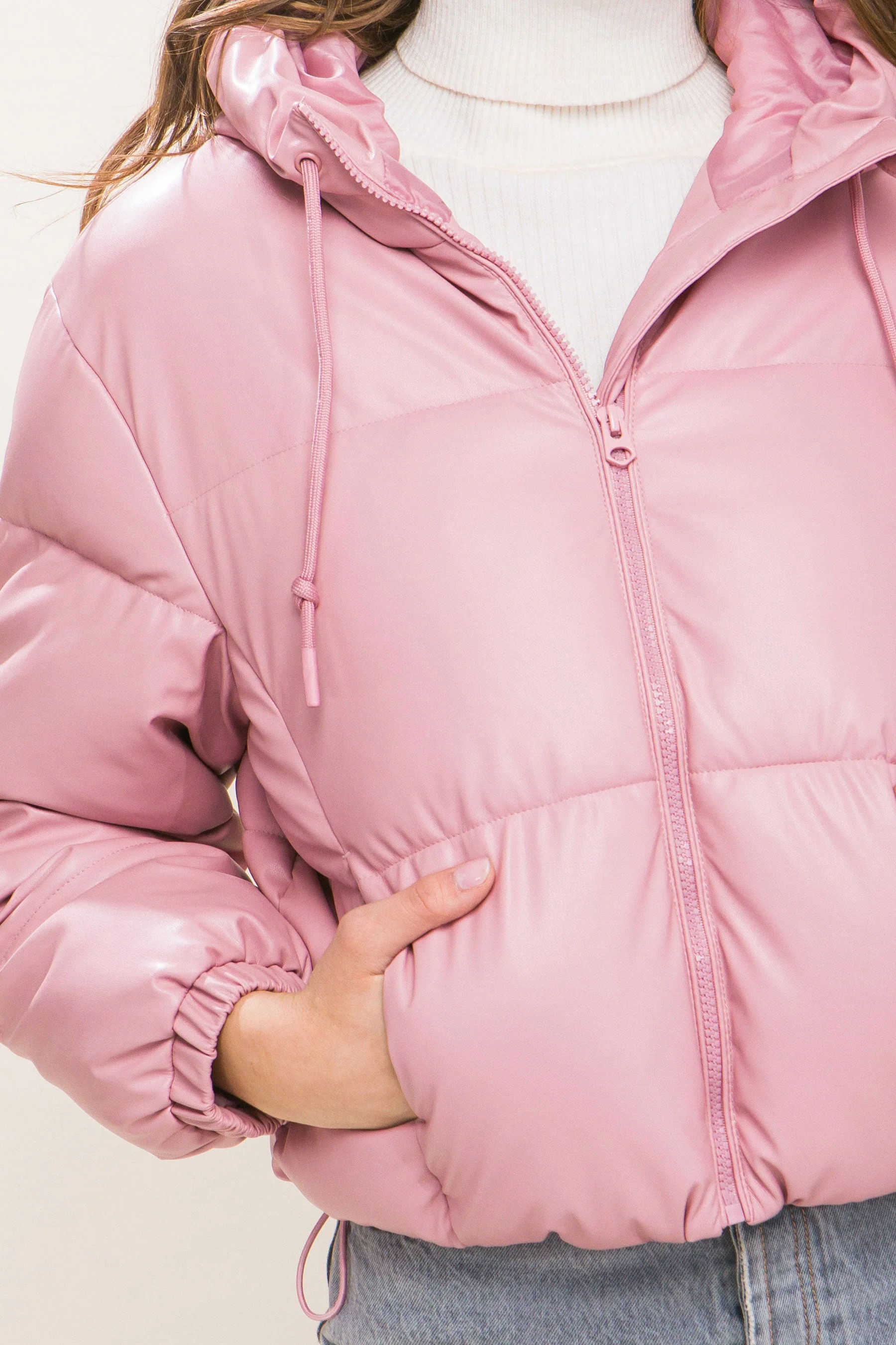 Pu Faux Leather Zipper Hooded Puffer Jacket - Image 7