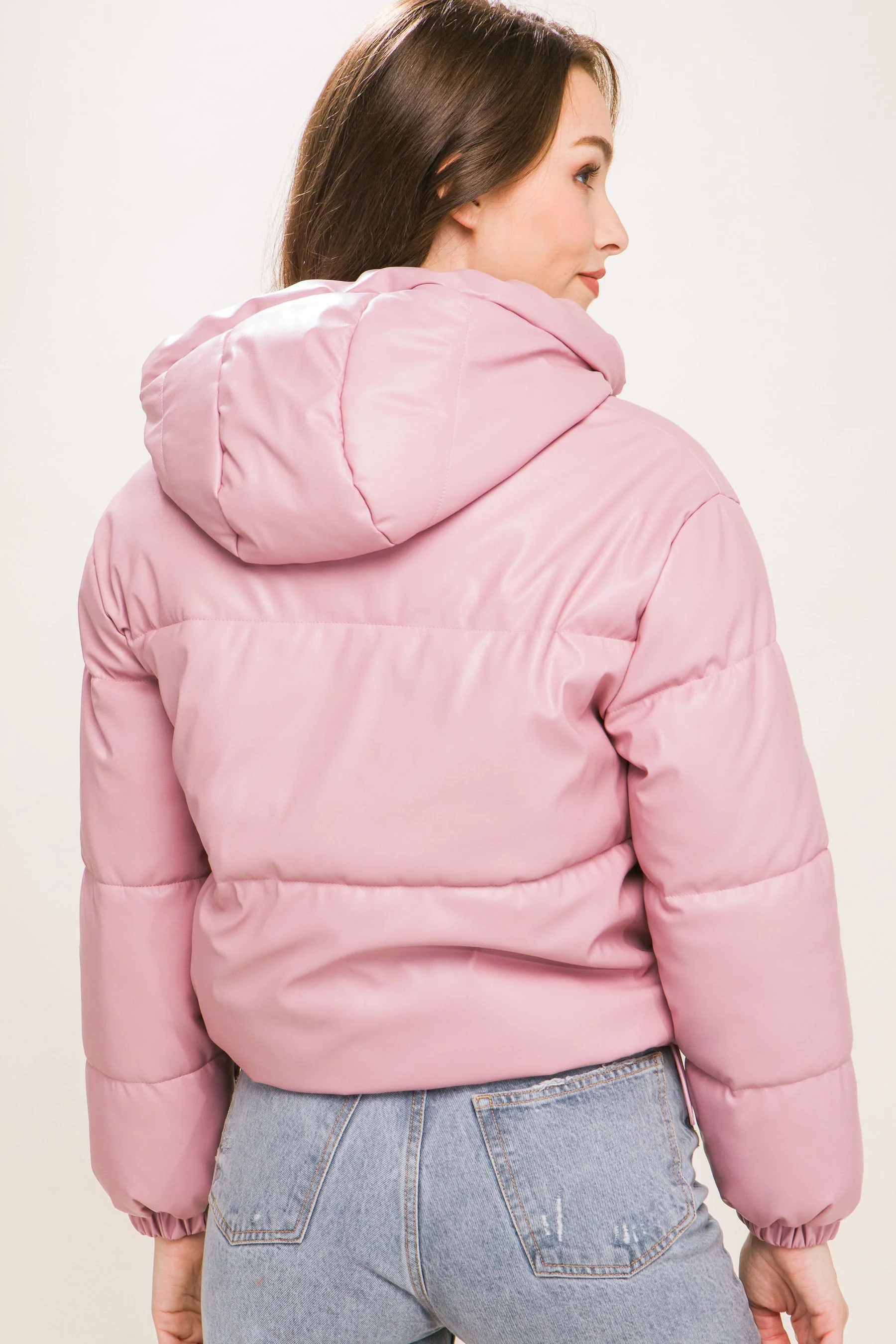 Pu Faux Leather Zipper Hooded Puffer Jacket - Image 8