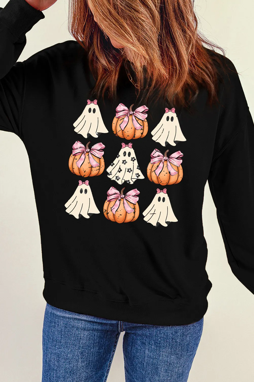 Pumpkin & Ghost Round Neck Long Sleeve Sweatshirt - Image 2
