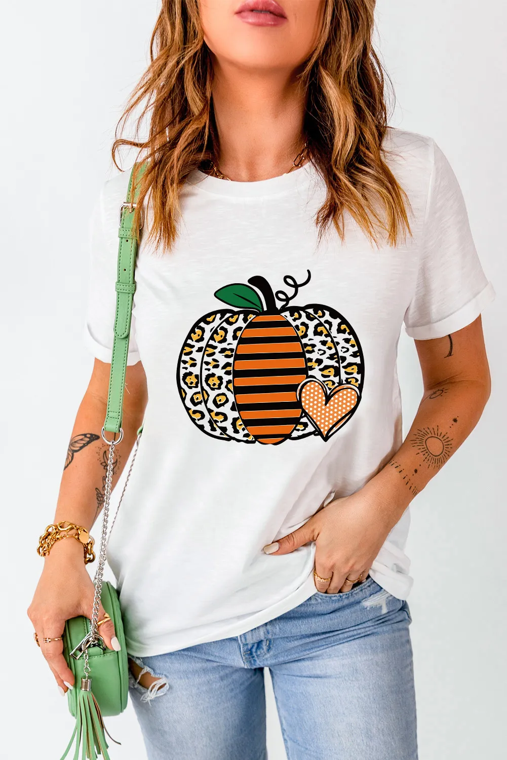 Pumpkin Graphic Round Neck Short Sleeve T-Shirt - Image 3