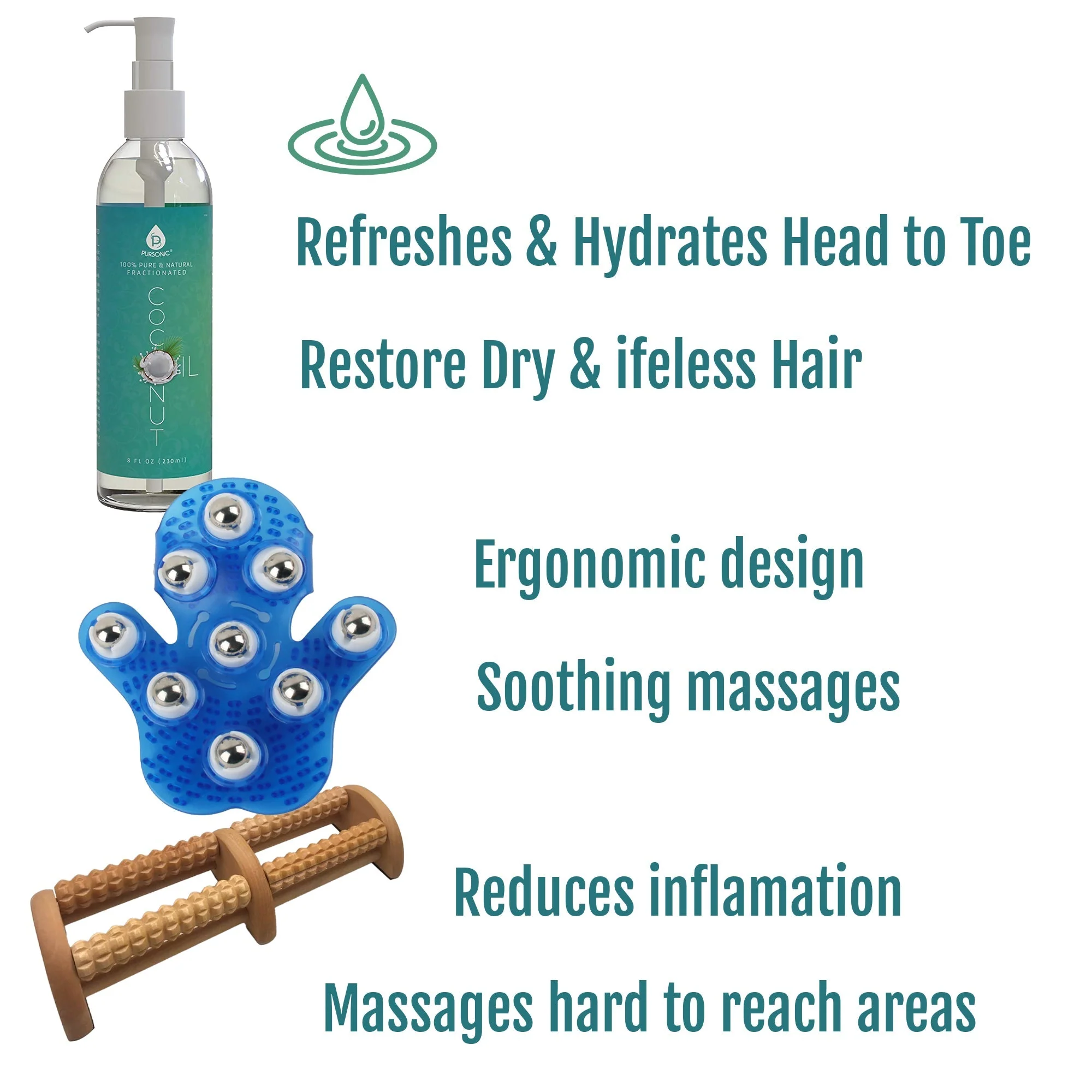 Pursonic Relaxation Gift Bundle: Palm Shaped Massage Glove, Wooden Foot Massager, and Fractionated Coconut Oil by Pursonic - Image 2