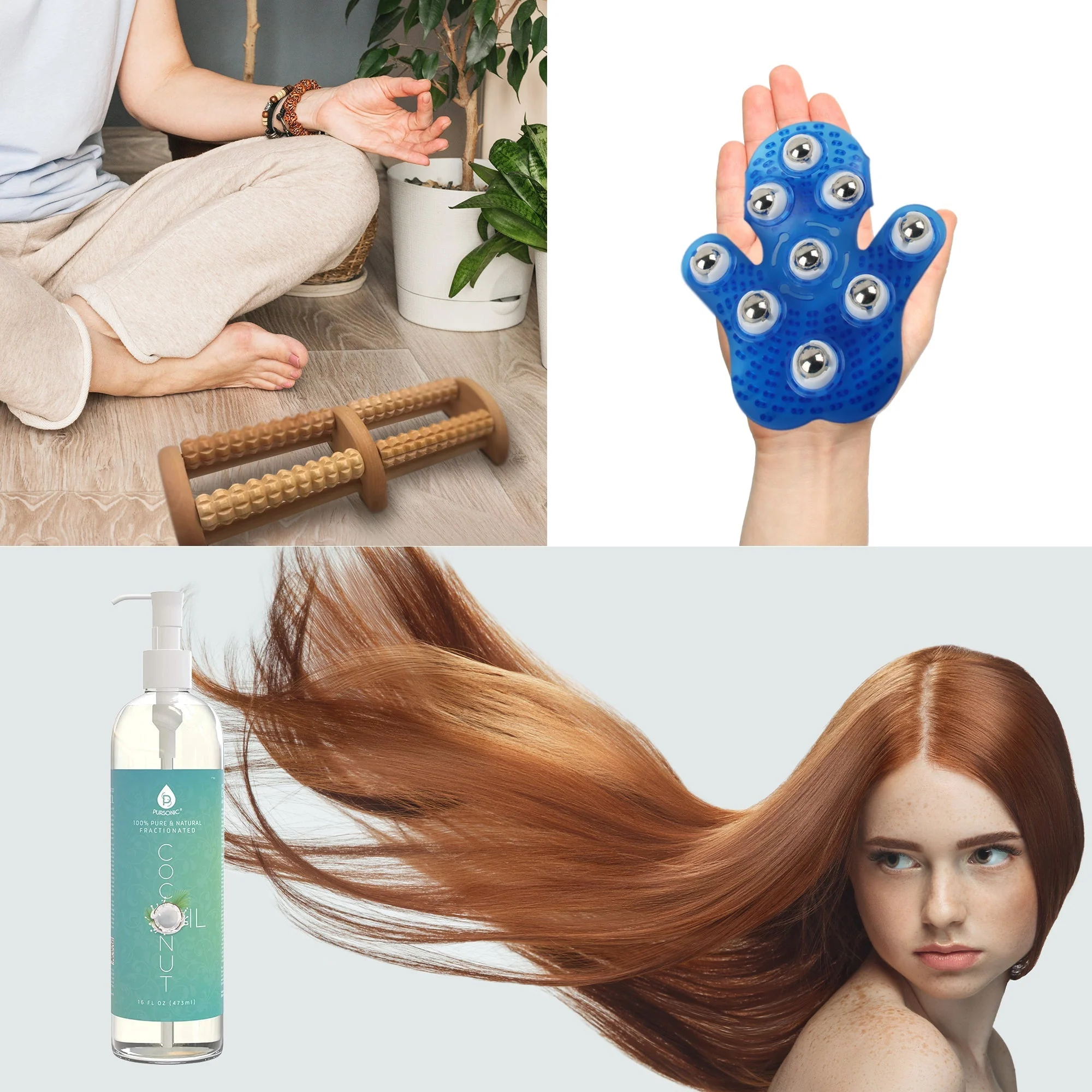 Pursonic Relaxation Gift Bundle: Palm Shaped Massage Glove, Wooden Foot Massager, and Fractionated Coconut Oil by Pursonic - Image 3