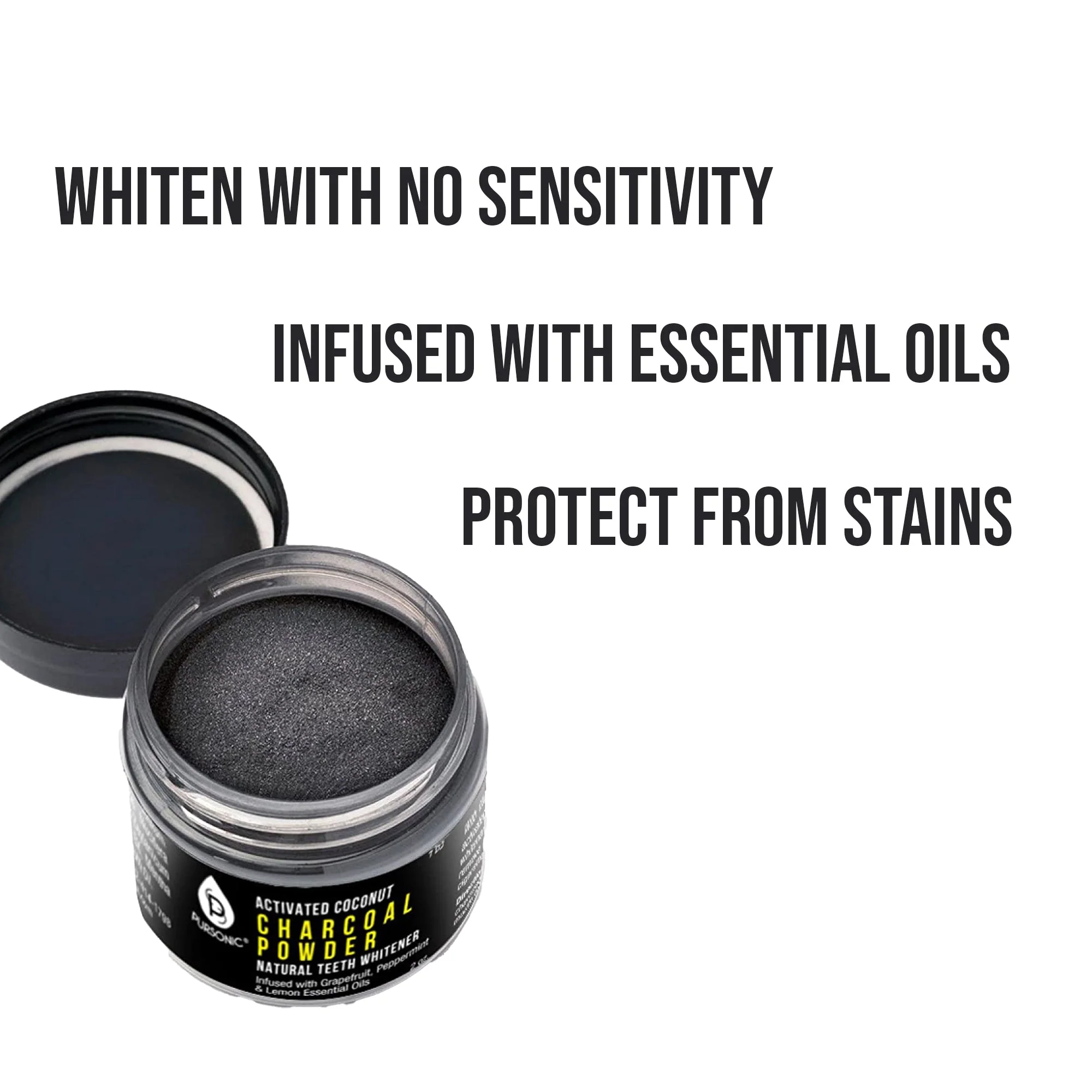 Pursonic Teeth Whitening Charcoal Powder Natural 5-Pack - Infused With Grapefruit, Peppermint & Lemon Essential Oils - 2oz Each by Pursonic - Image 2