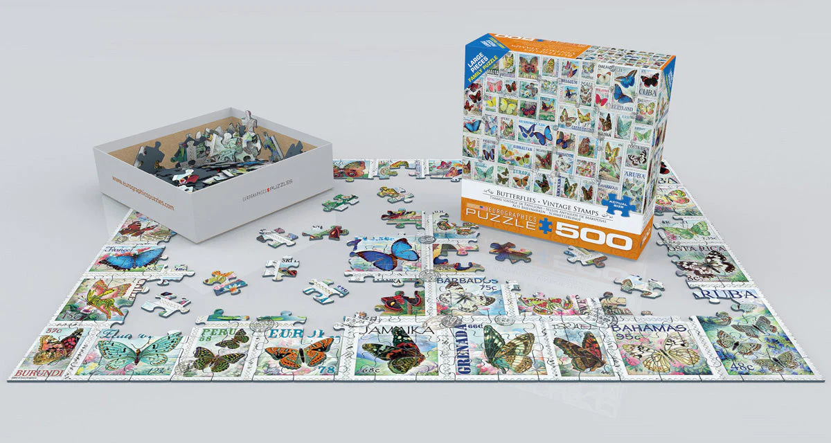 Puzzle: Variety 500 Pieces - Butterflies Vintage Stamps - Image 2