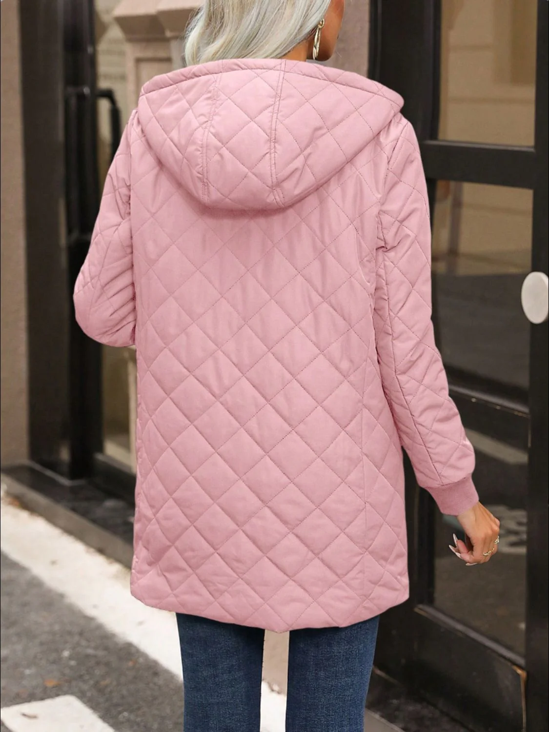 Quilted Zip Up Hooded Jacket with Pockets - Image 2
