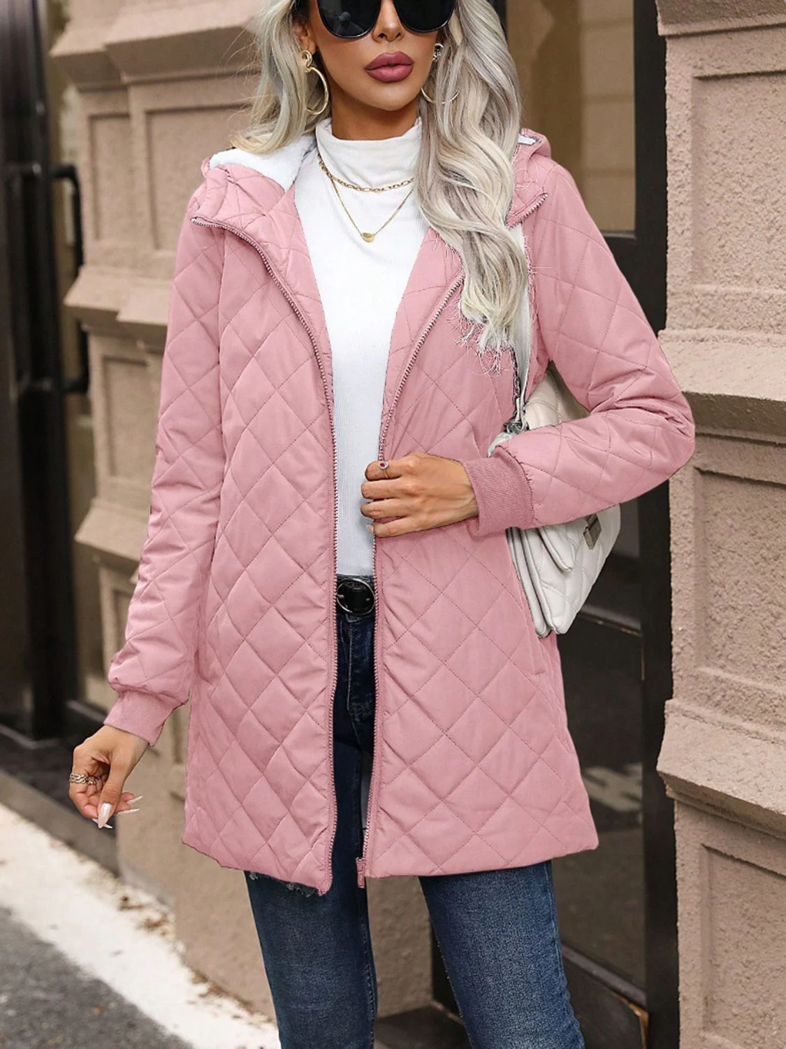 Quilted Zip Up Hooded Jacket with Pockets - Image 3
