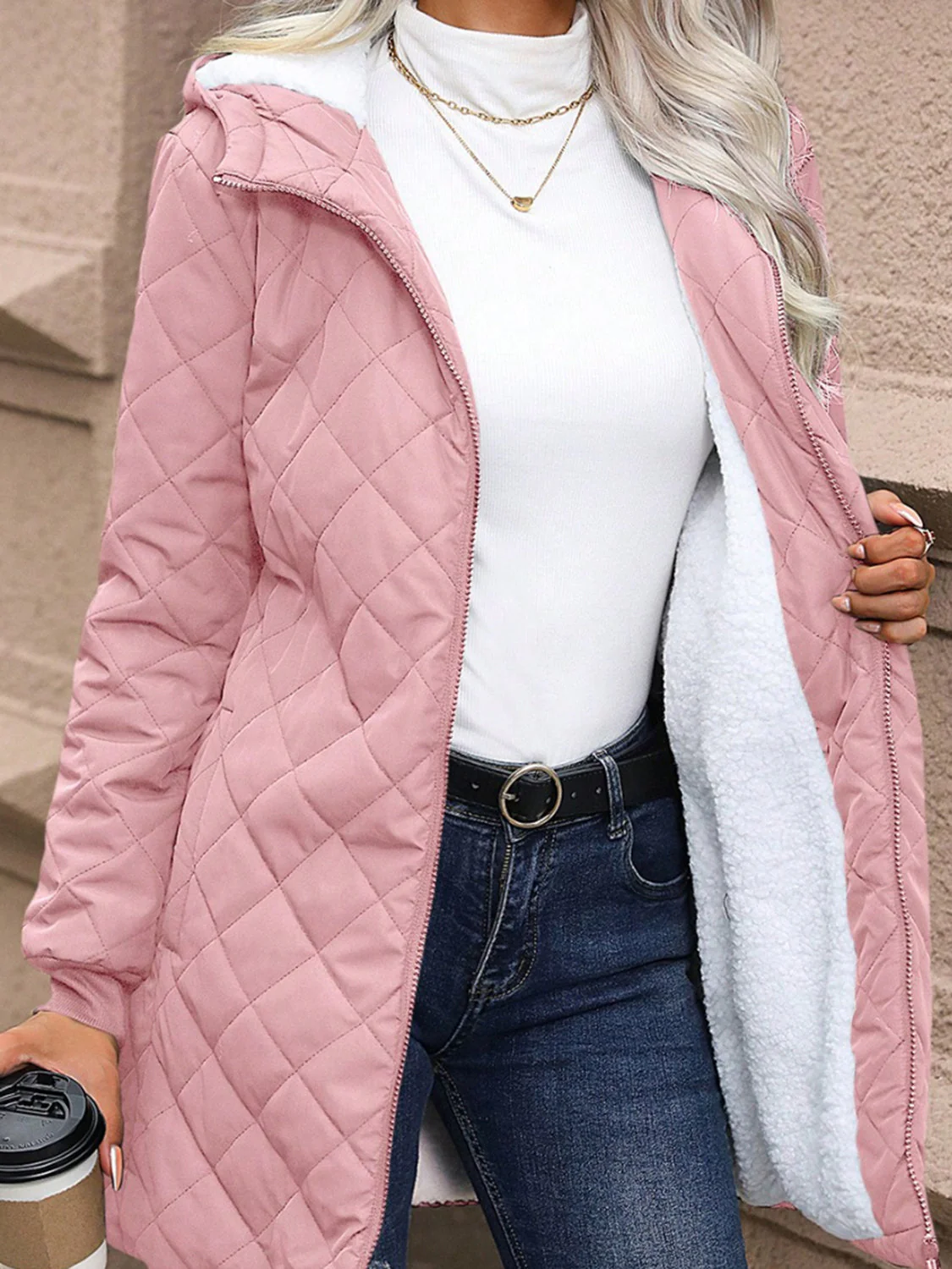 Quilted Zip Up Hooded Jacket with Pockets - Image 4