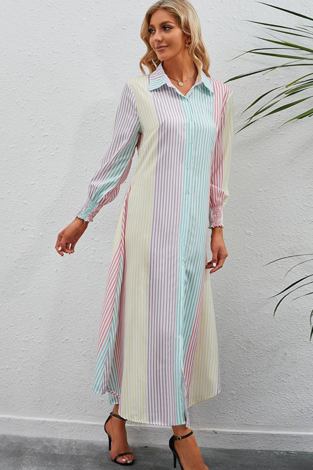 Rainbow Stripe Button-Up Maxi Shirt Dress - Image 3