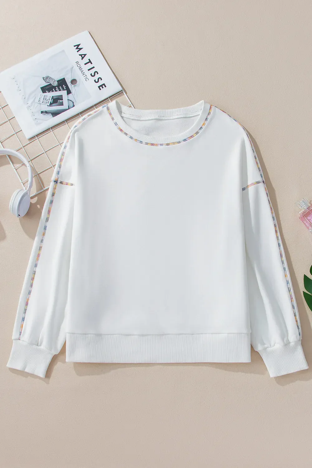 Rainbow Trim Round Neck Long Sleeve Sweatshirt - Image 3