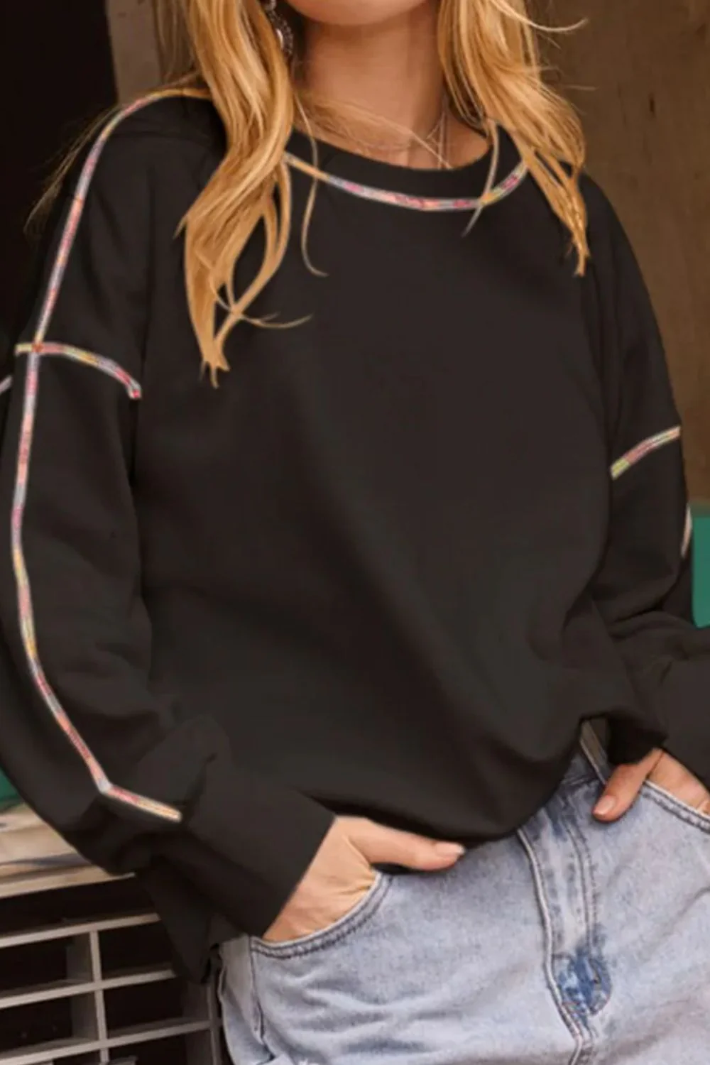Rainbow Trim Round Neck Long Sleeve Sweatshirt - Image 7