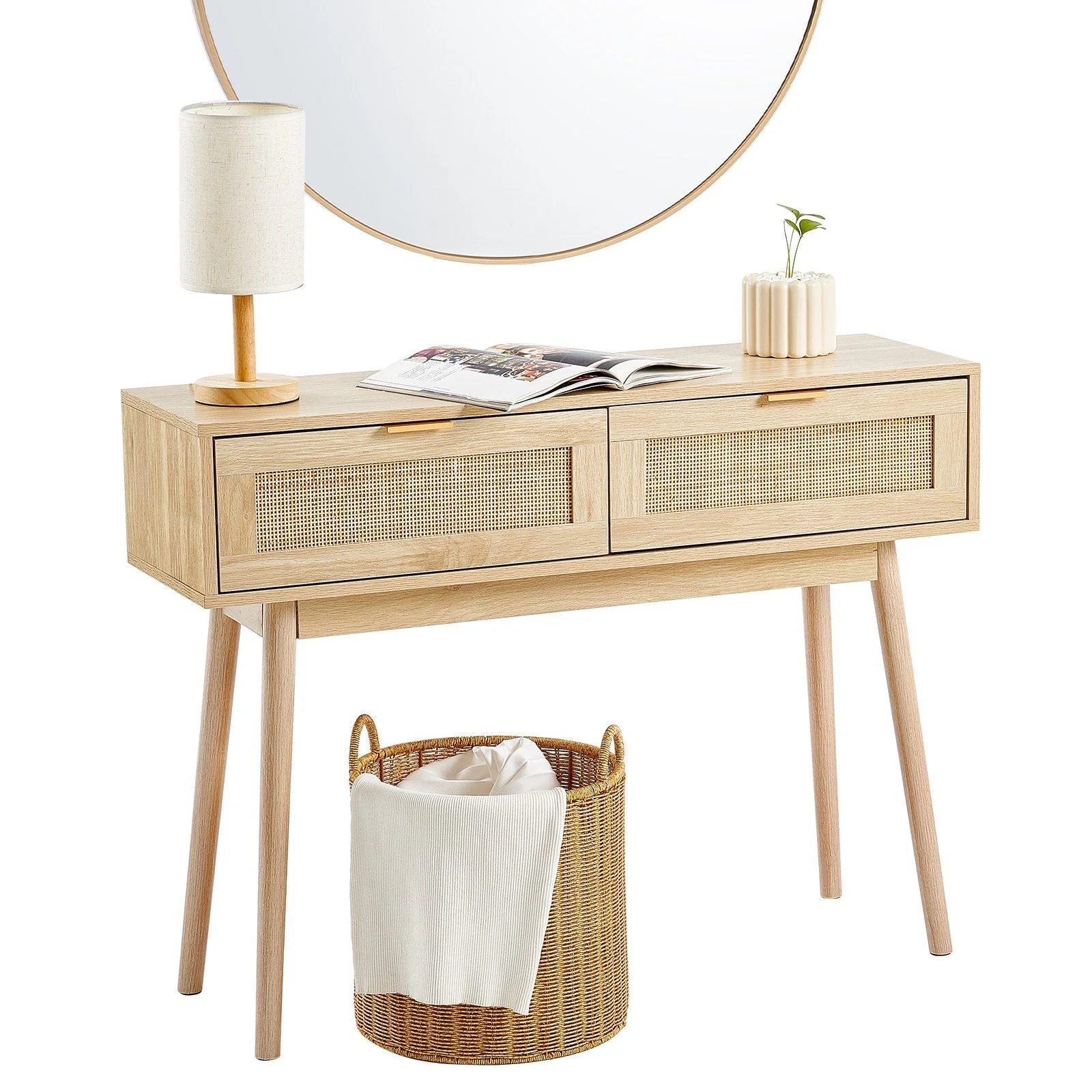 Rattan Console Table with 2 Storage Drawers Rattan Sliding Door Natural - Image 2