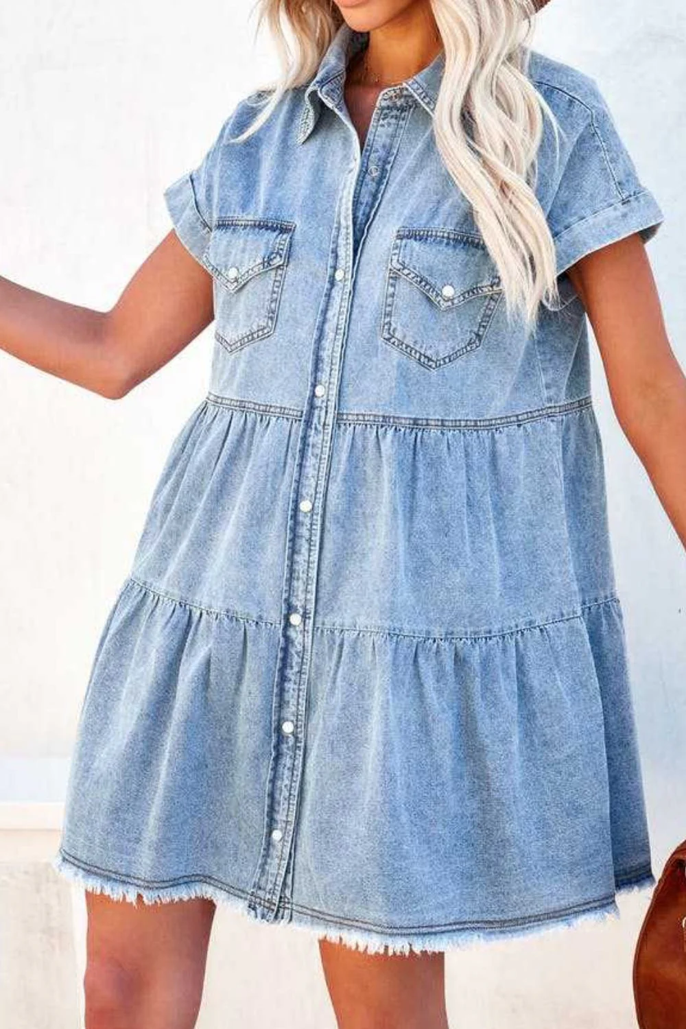 Raw Hem Button Down Denim Mini Dress - Image 2