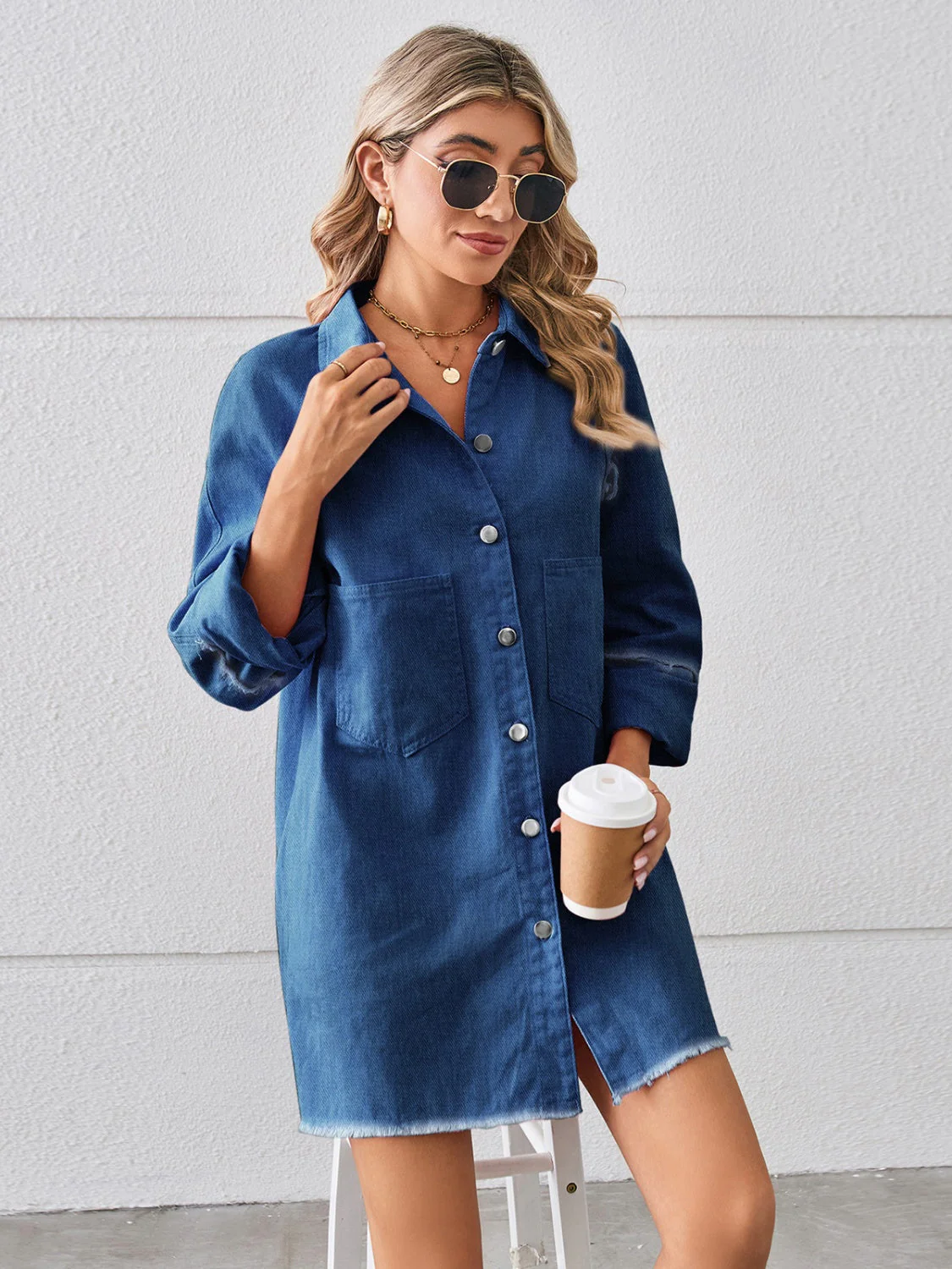 Raw Hem Button Up Denim Dress - Image 10