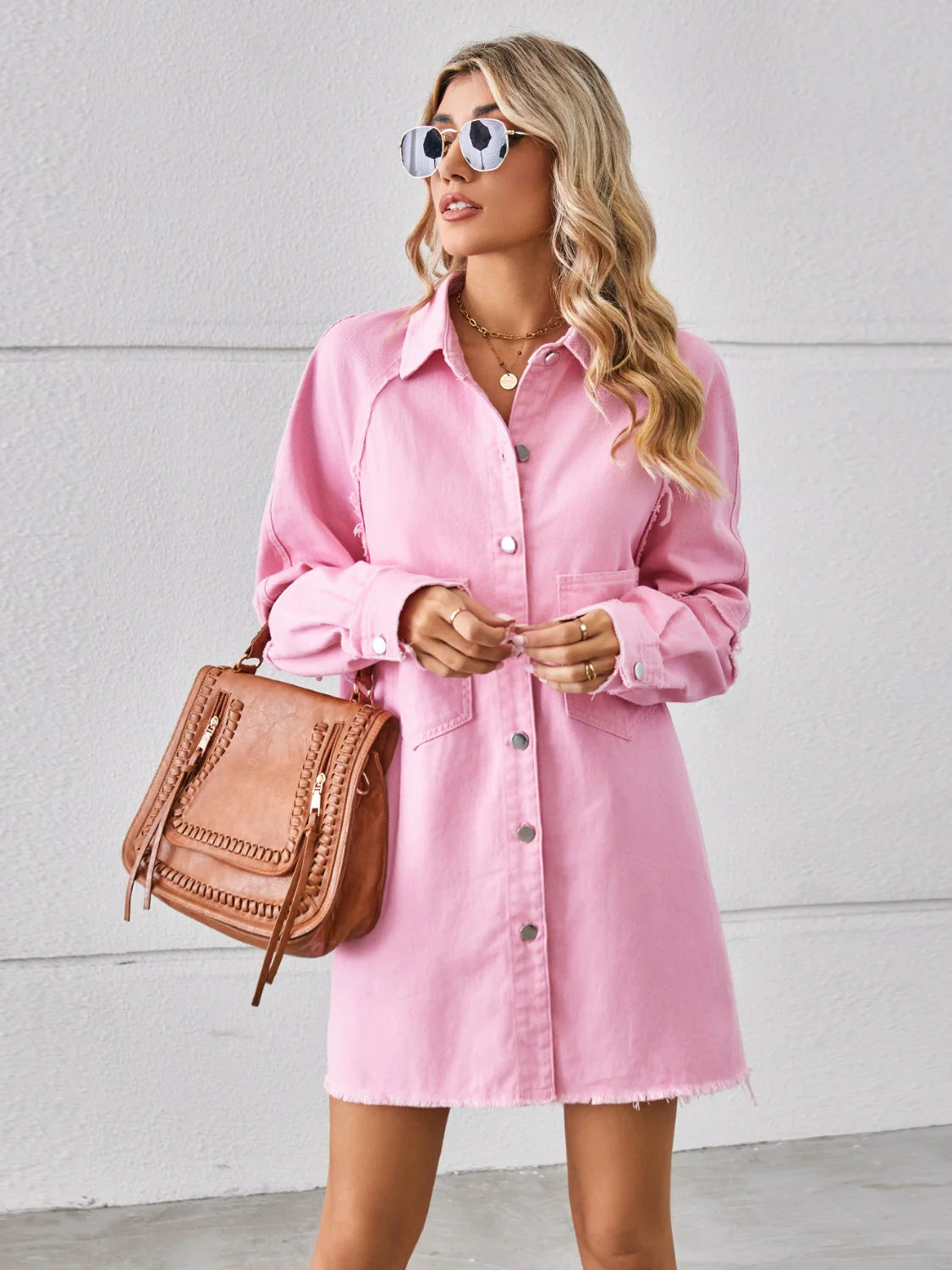 Raw Hem Button Up Denim Dress - Image 7