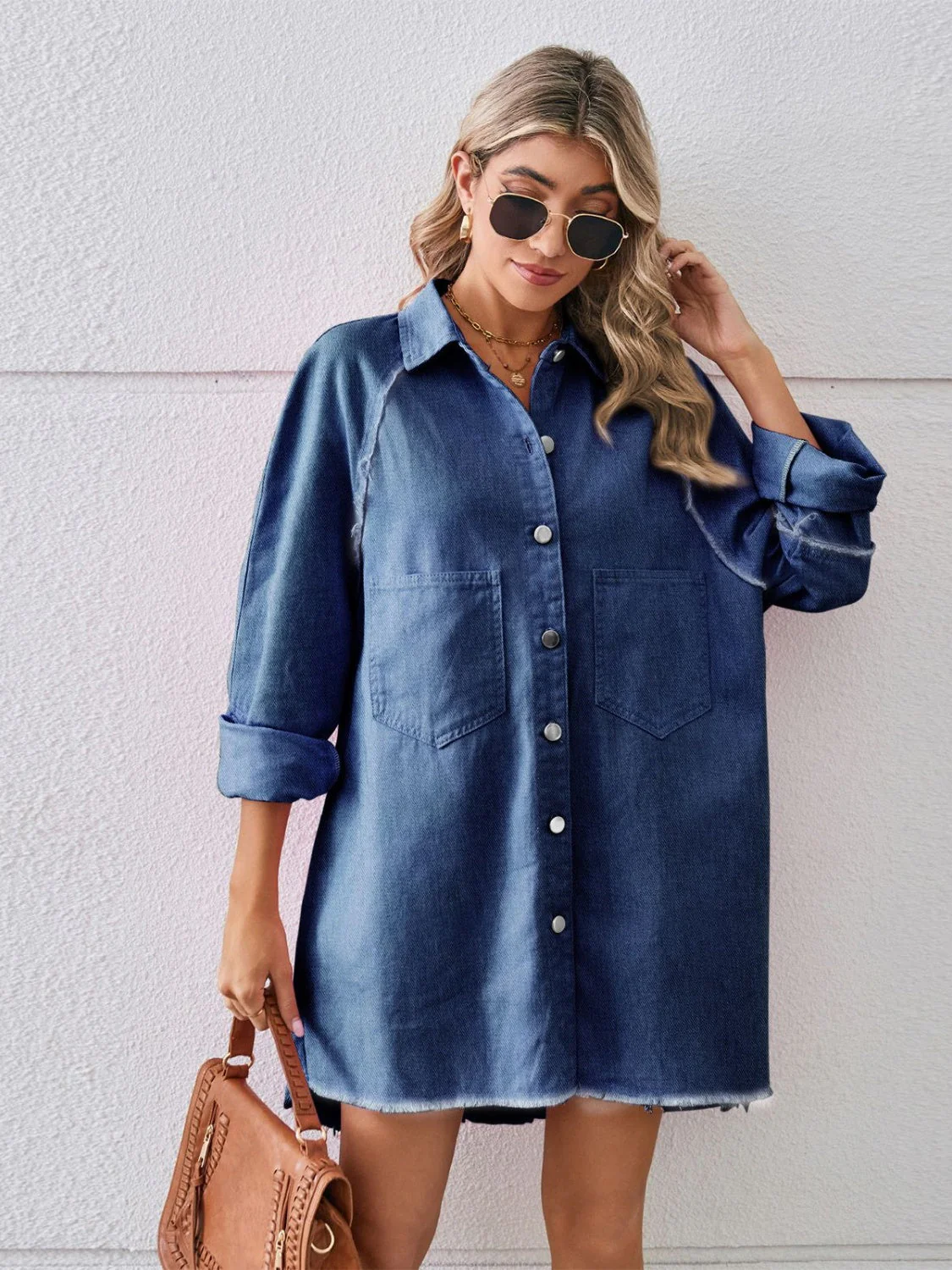 Raw Hem Button Up Denim Dress - Image 9