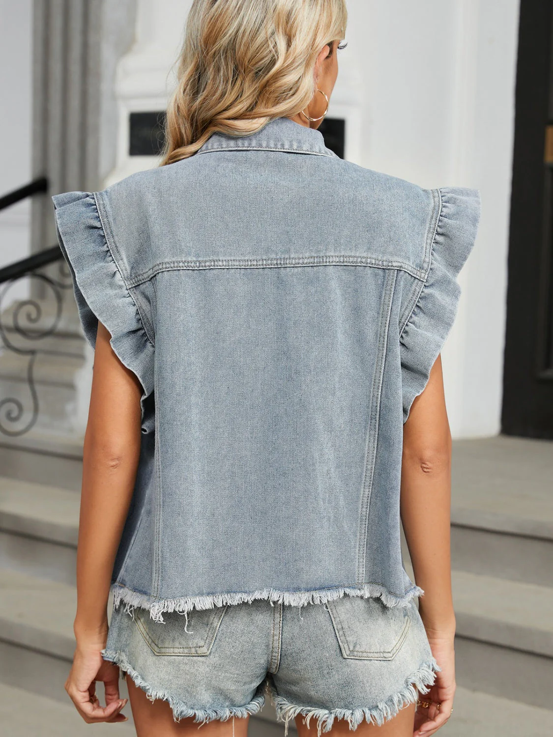 Raw Hem Cap Sleeve Denim Jacket - Image 2