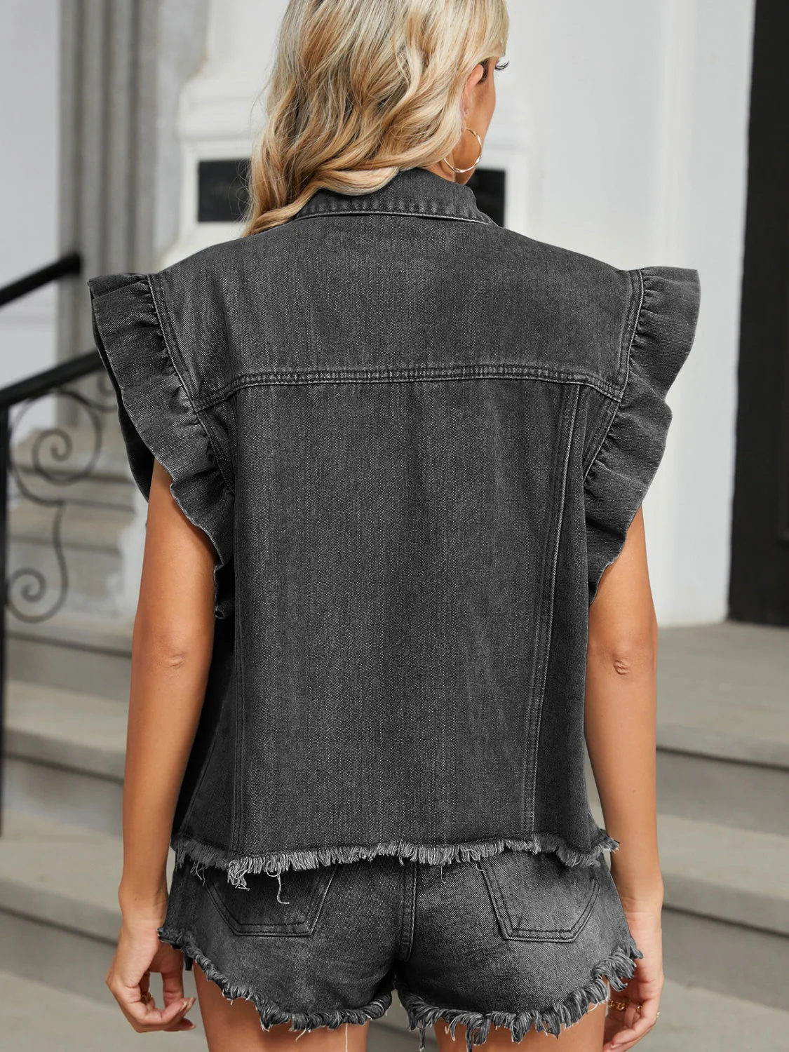 Raw Hem Cap Sleeve Denim Jacket - Image 8