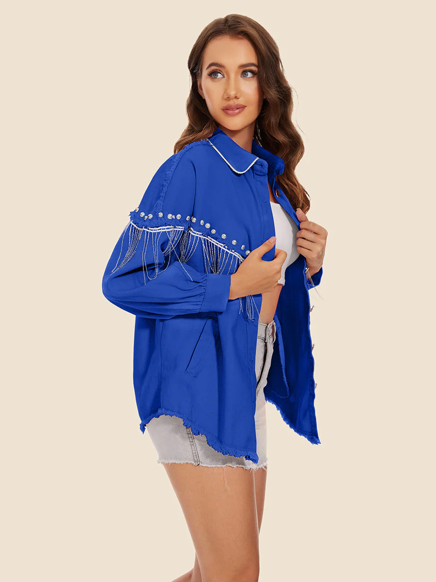 Raw Hem Fringe Detail Denim Jacket - Image 11